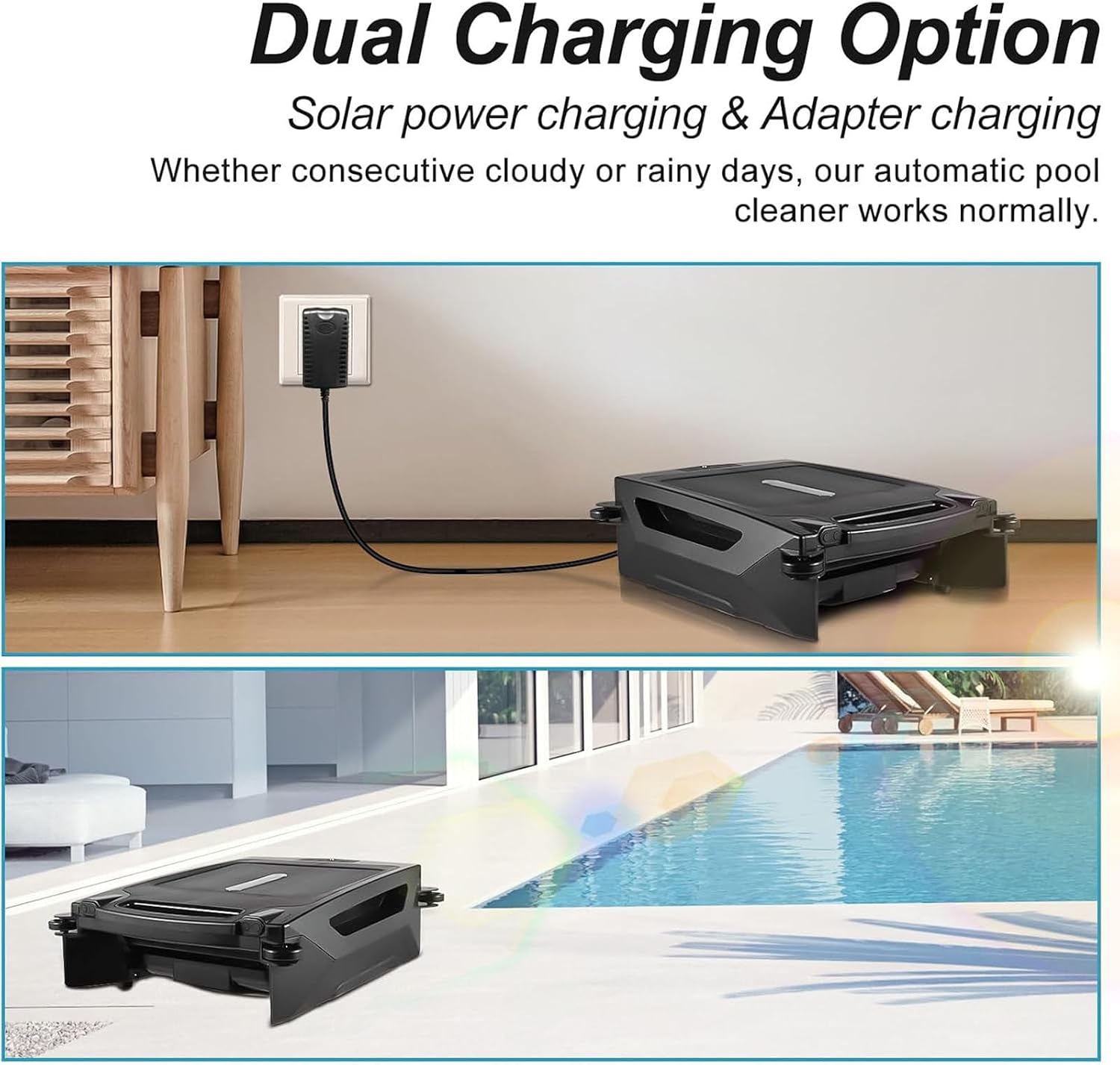 Solar Pool Skimmer, 2 Modes,Dual Charging Modes, Smart Obstacle Avoidance, for All Swimming Pool Types