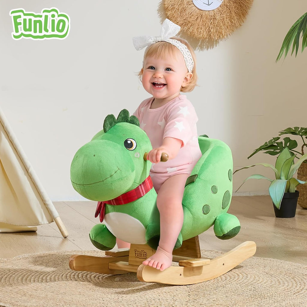FUNLIO Dino Rocking Horse for Toddlers 1-3 Years, Premium Green Plush Rocking Dino with Soft Spikes, Big Eyes & Lovely Smile, Vibrant Colors & Realistic Scales, Easy to Assemble, CPC & CE Certified