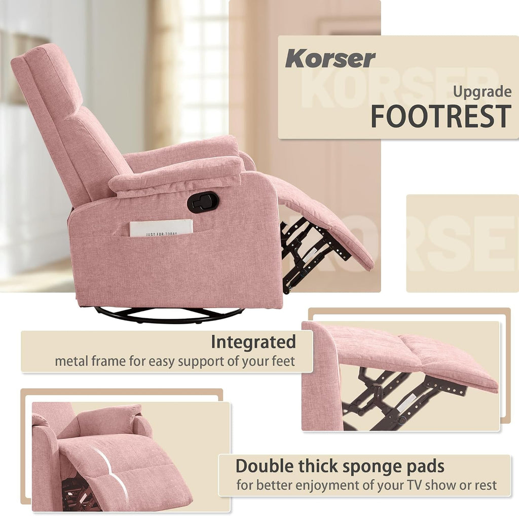 Korser Recliner Chair, Swivel Rocking Recliner Chair for Adults, Glider Rocking Chair, Small Nursery Chair Recliner for Living Room, Reclining Chair with Modern-Designed Armrests, Chenille, Pink