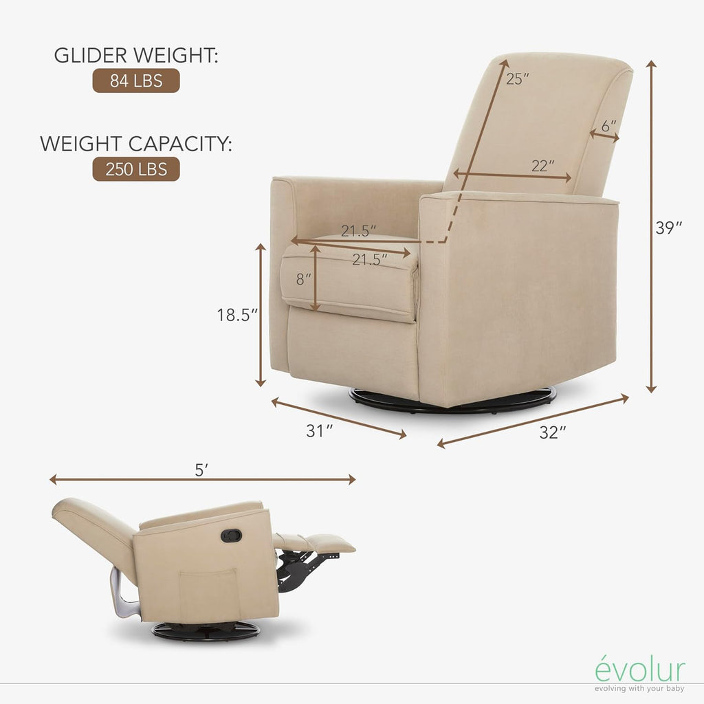 Evolur Raleigh Upholstered Manual Glider Recliner– Rocking & 360° Swivel with Smooth Glide – Greenguard Gold & FSC Certified – Modern Nursery and Living Room Chair in Tan
