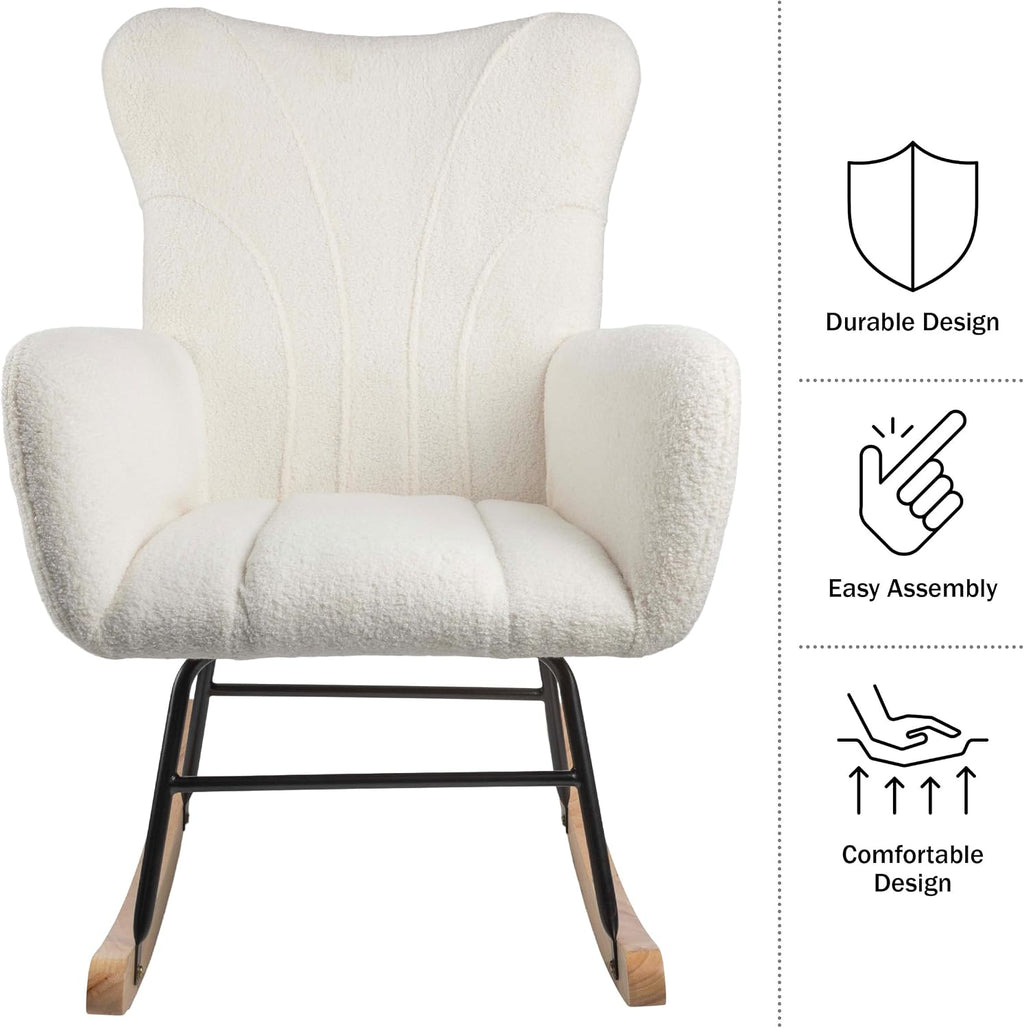 Rocking Chair - Teddy Fabric Upholstered Chair with Padded Seat and Contoured Armrests - Ergonomic Modern Rocker for Bedroom by Lavish Home (Cream)