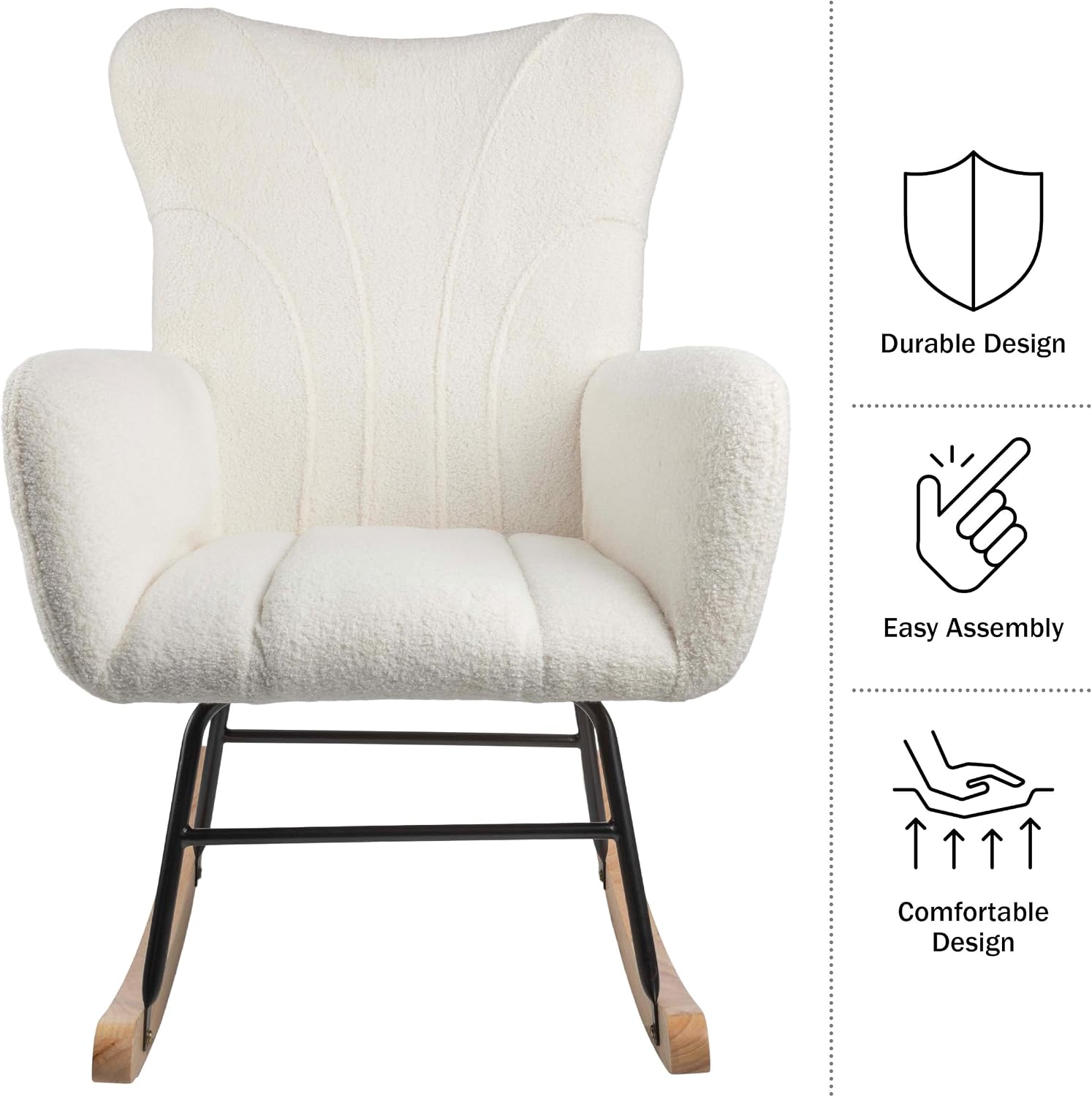 Rocking Chair - Teddy Fabric Upholstered Chair with Padded Seat and Contoured Armrests - Ergonomic Modern Rocker for Bedroom by Lavish Home (Cream)