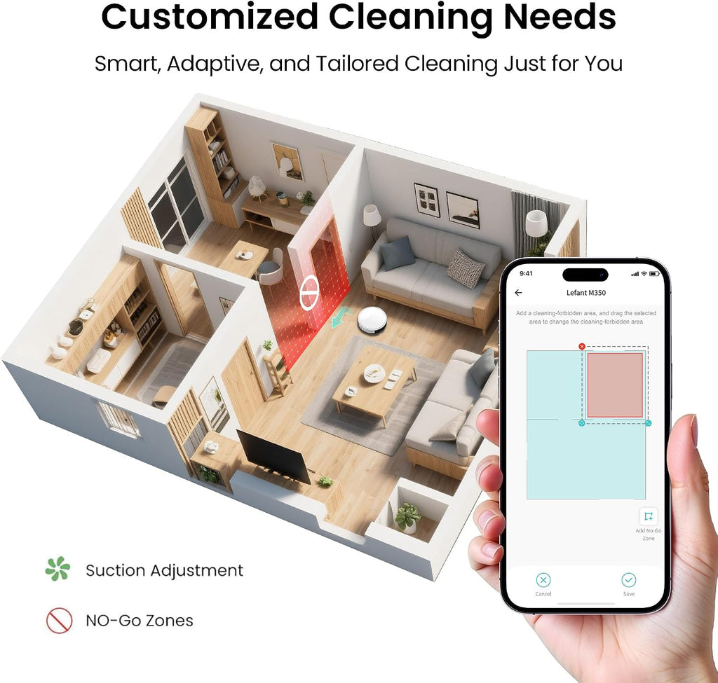 Lefant M350 Robot Vacuum and Mop Combo, 75-Day Self-Emptying, 190° PSD Obstacle Avoidance,6000Pa Suction，Quiet,Smart Navigation,Self-Charging, for Hard Floor, Carpet, Pet Hair,150 Min Runtime.White