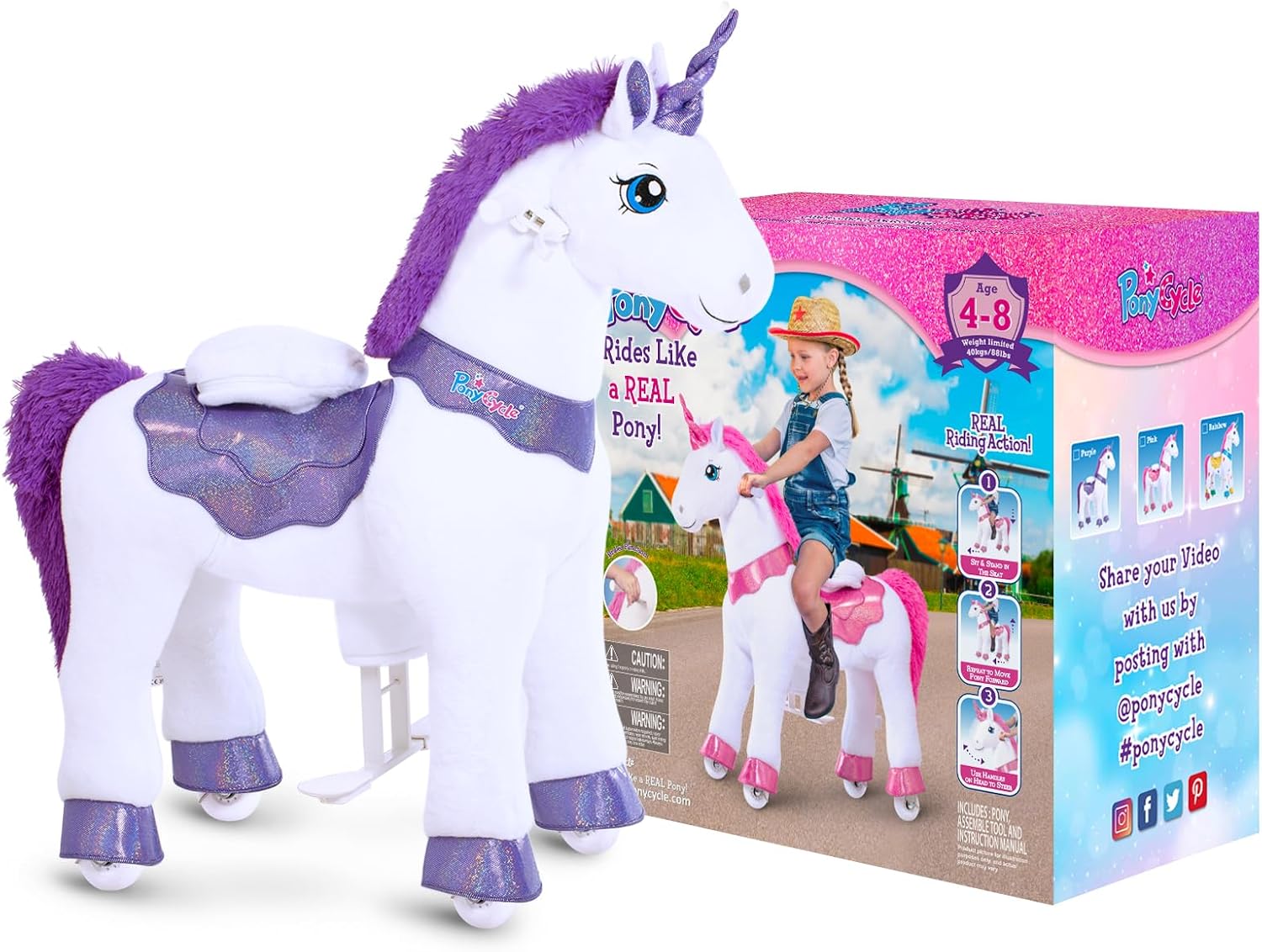 PonyCycle Ride on Unicorn for Kids 4-7 with Brake No Battery Required Unicorn Gifts for Girls (35.4' Height/Size 4) Plush Interactive Riding Rocking Riding Horse Ride on Toy Spirit Stuffed Animal E413