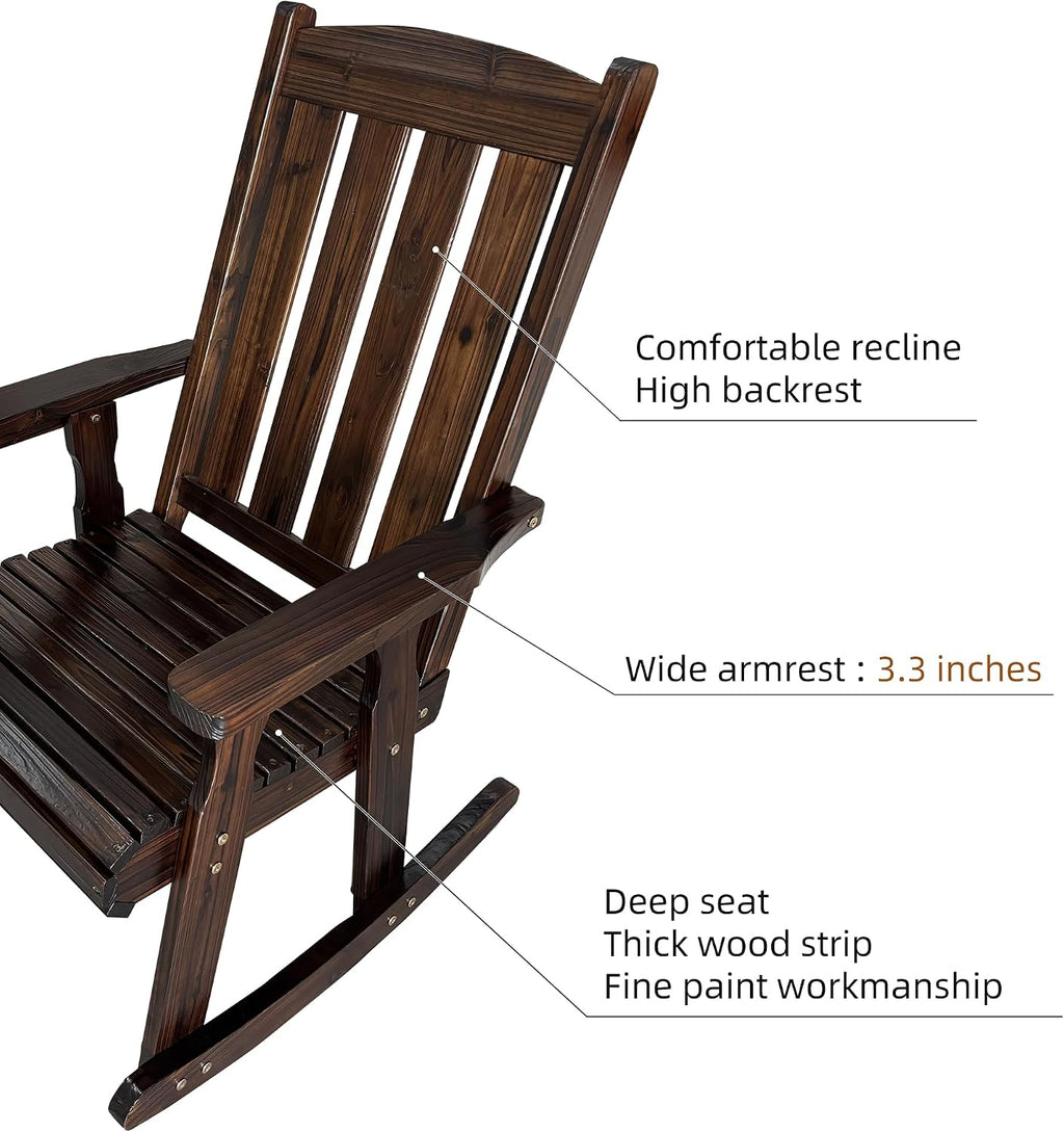 Fortune Candy Wooden Patio Rocking Chair with Comfortable Backrest Inclination, High Backrest and Deep Contoured Seat, Solid Fir Wood, Heavy Duty 600 LBS (Chocolate Tone, 1 Piece)