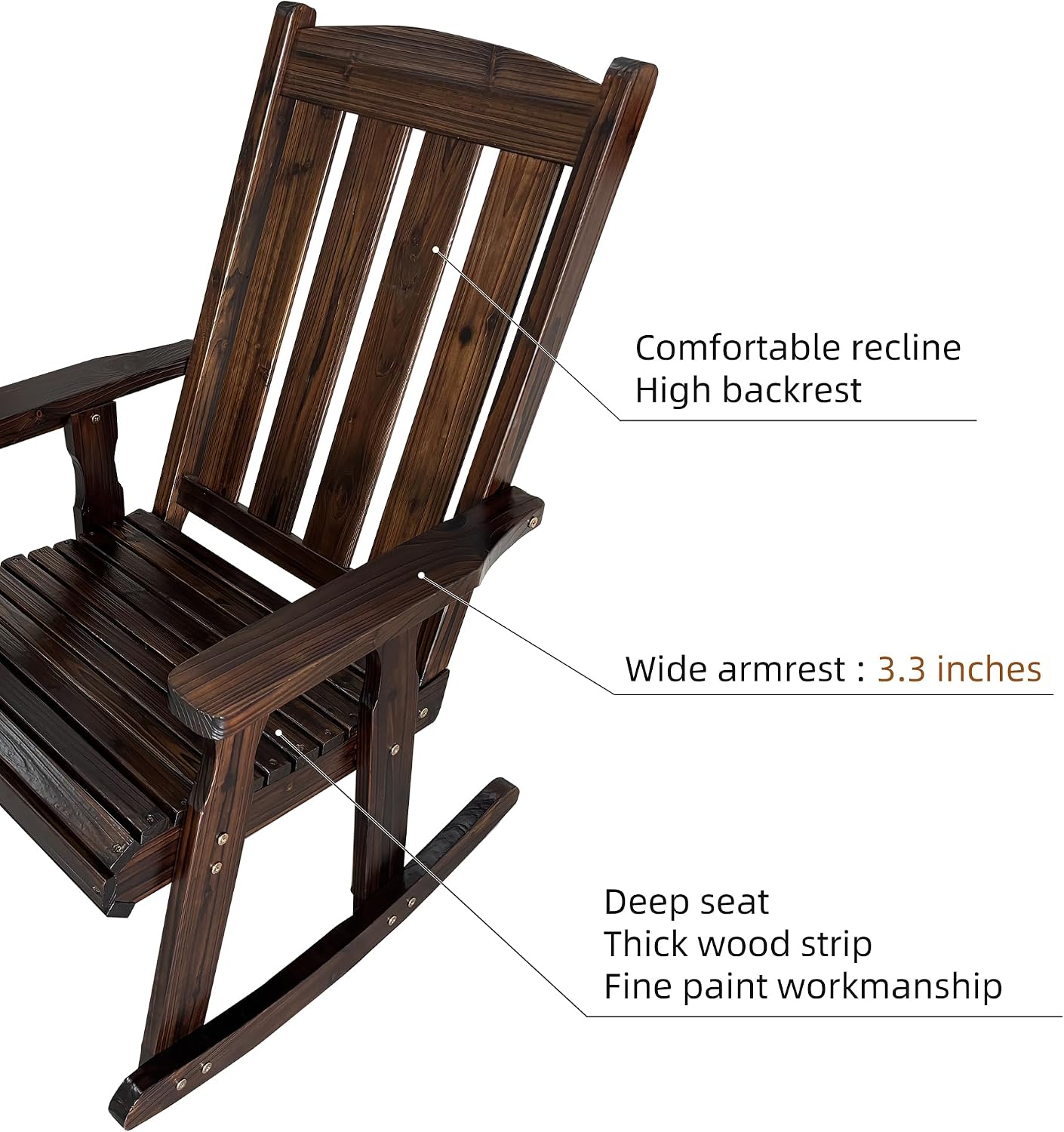 Fortune Candy Wooden Patio Rocking Chair with Comfortable Backrest Inclination, High Backrest and Deep Contoured Seat, Solid Fir Wood, Heavy Duty 600 LBS (Chocolate Tone, 1 Piece)