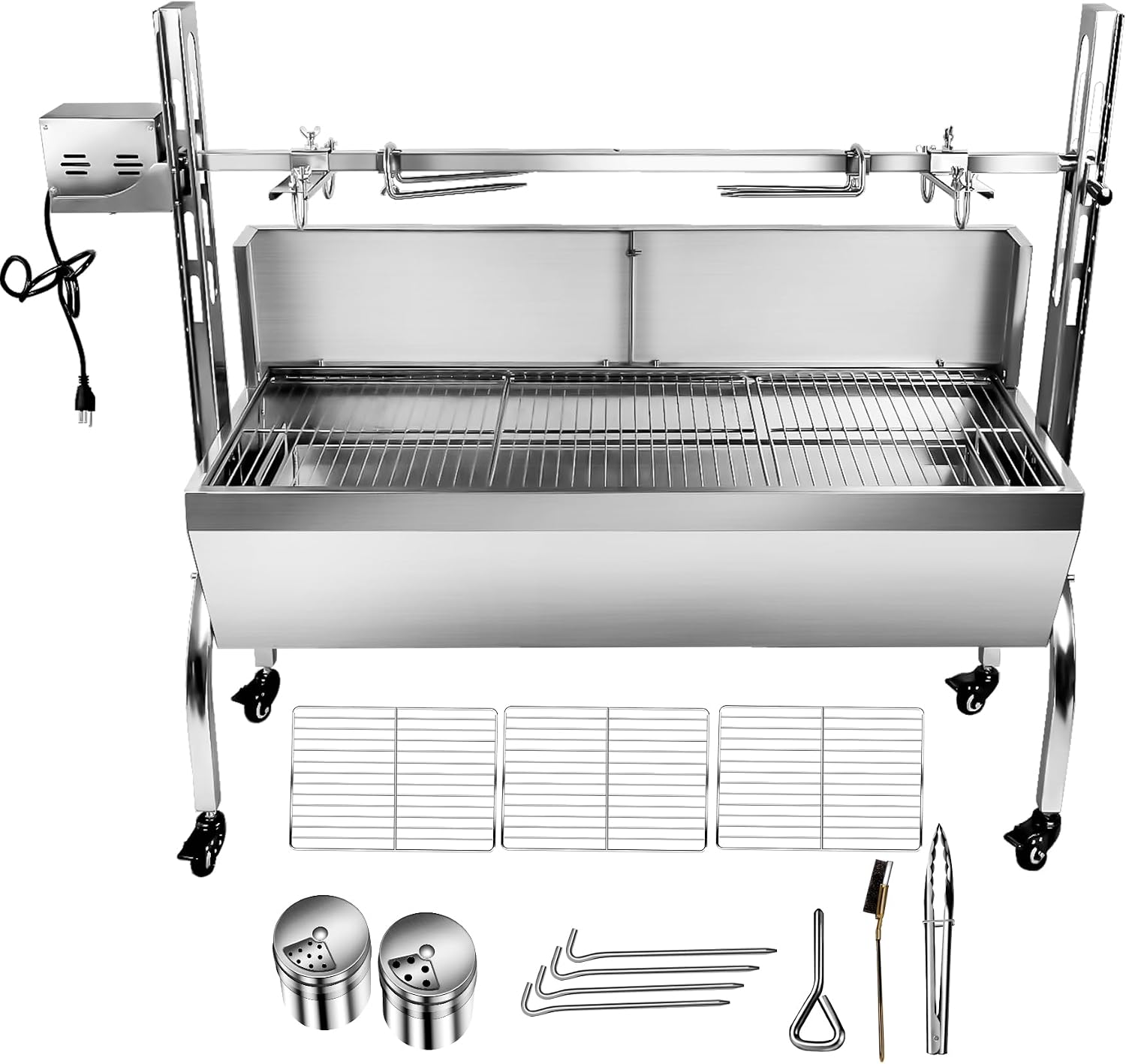 Stainless Steel Rotisserie Grill with Back Cover Guard, Electric 25W Motor Outdoor Cooking Spit Roaster, 48.7 Inch Rated 176 LBS BBQ Whole Pig Charcoal Grill Rotisserie Roaster System