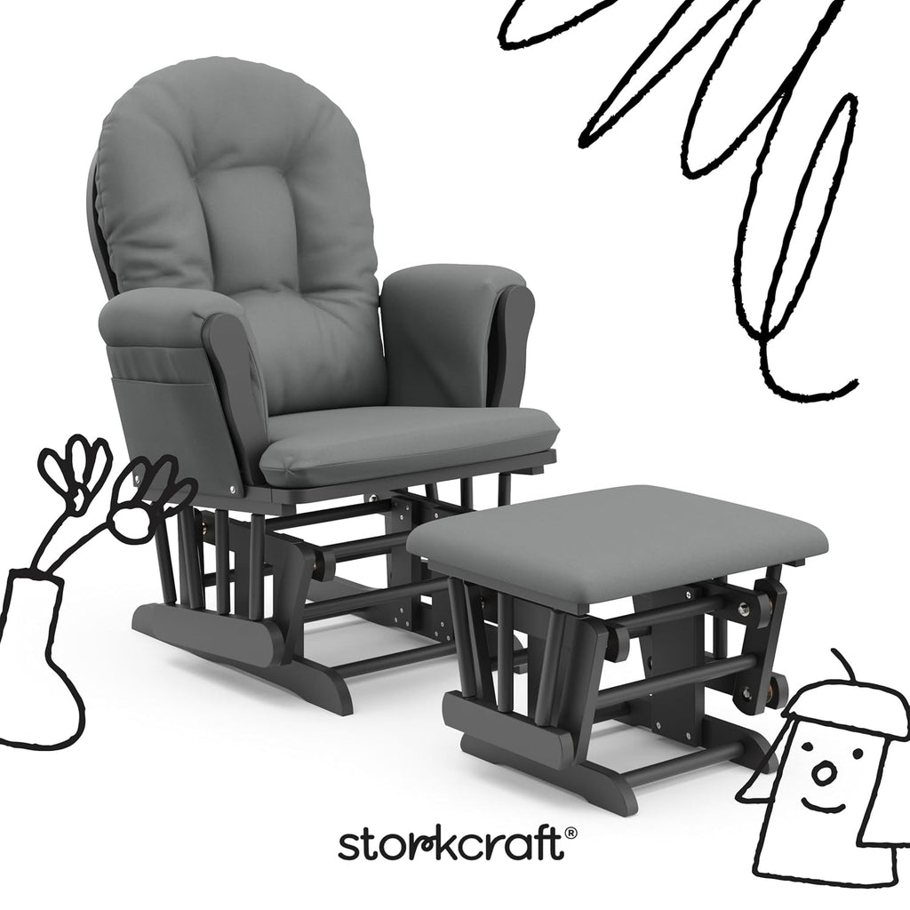Storkcraft Premium Hoop Glider & Ottoman (Gray/Gray) — GREENGUARD Gold Certified Nursery Glider, Solid Wood Craftsmanship, Smooth-Gliding Nursery Chair and Ottoman, Award-Winning