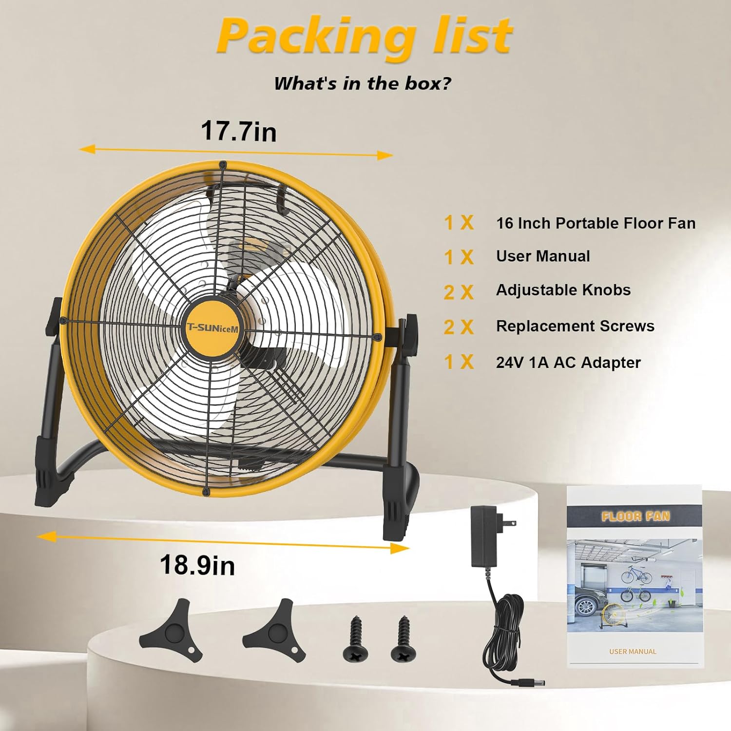 16' Battery Operated Floor Fan Compatible with Dewalt 20V Max Battery, Portable Fan with AC Adapter and USB Output, Metal Industrial High Velocity, Stepless Speed Cordless Fan for Jobsite Camping