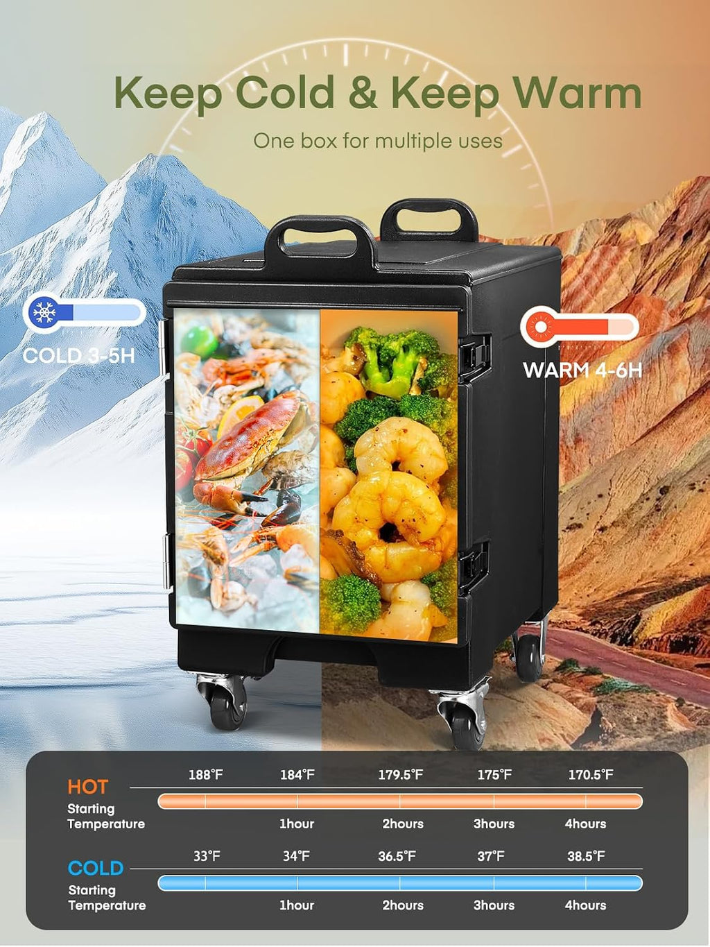 Catering Food Warmer, 82Qt Front Loading Hot Box for Catering, LLDPE Insulated Food Pan Carrier for 5 Full-Size Pan, w/Wheels, Stackable, Handles, Hot Box Food Warmer for Camping, Restaurant