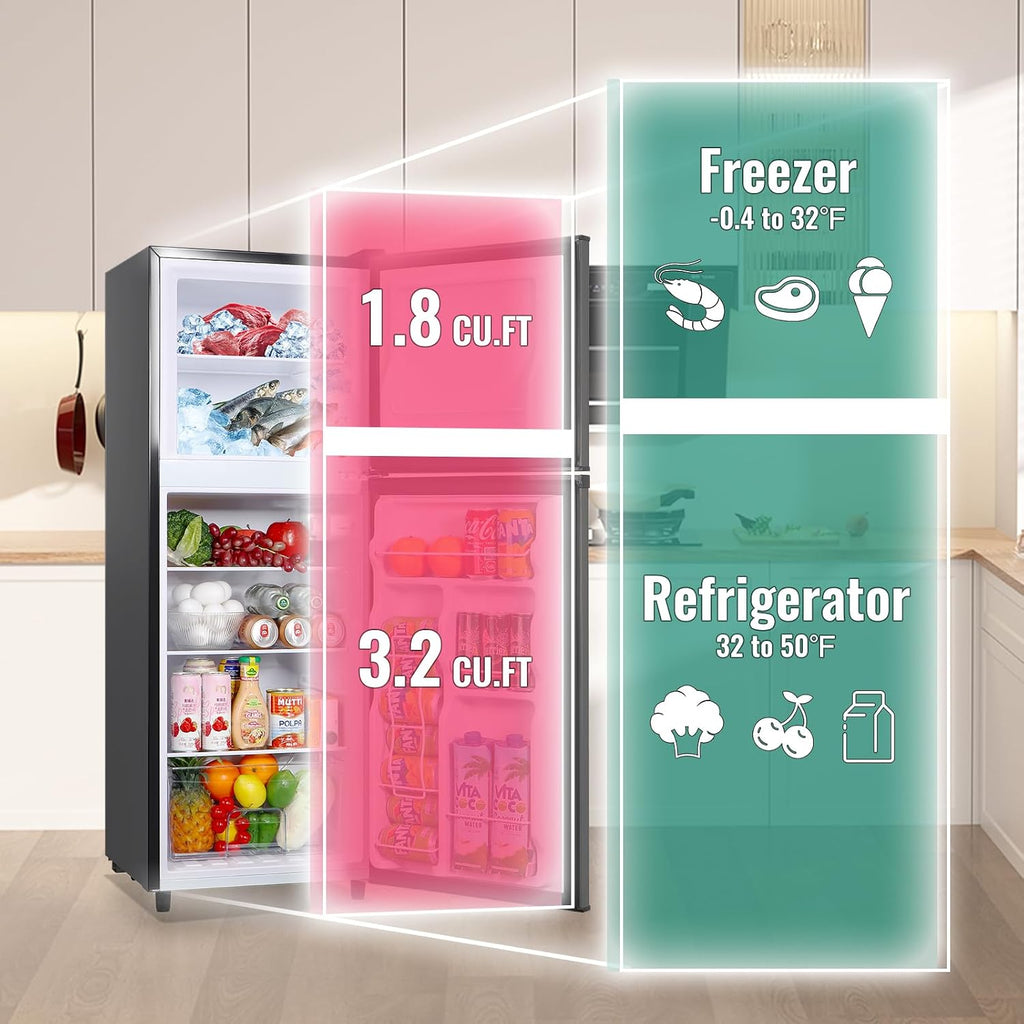 WANAI 5.0 Cu.Ft Fridge with Freezer, Dual Door Refrigerator with 7 Settings Temperature Adjustable, Small Fridge for Office Apartment and Home, Dark Gray