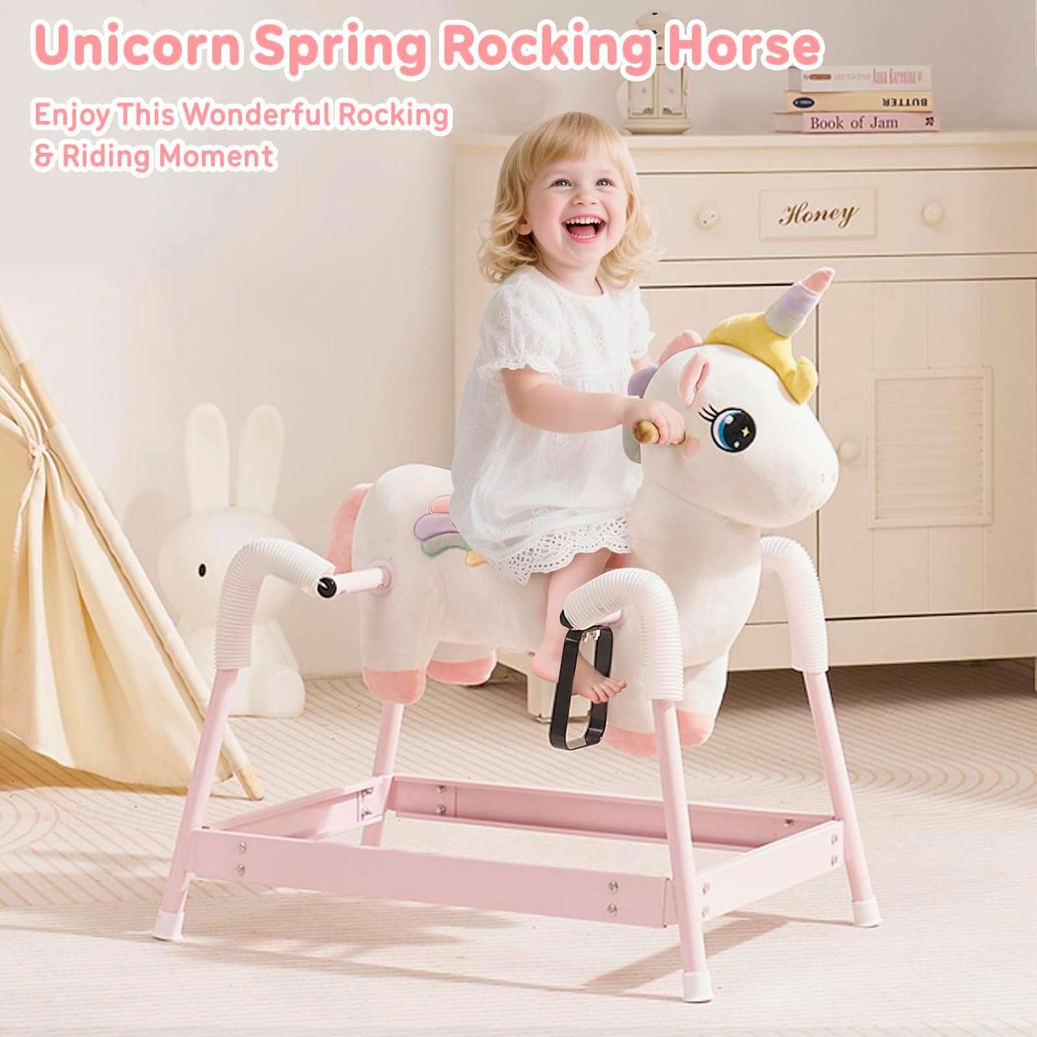 FUNLIO Unicorn Spring Rocking Horse for Kids 3-6, Rainbow Fairy Ride on Horse with Covered Spring & Sturdy Frame, Neighing & Galloping Sound for Pretend Play, Horse Toys Gift, CPC & CE Certified