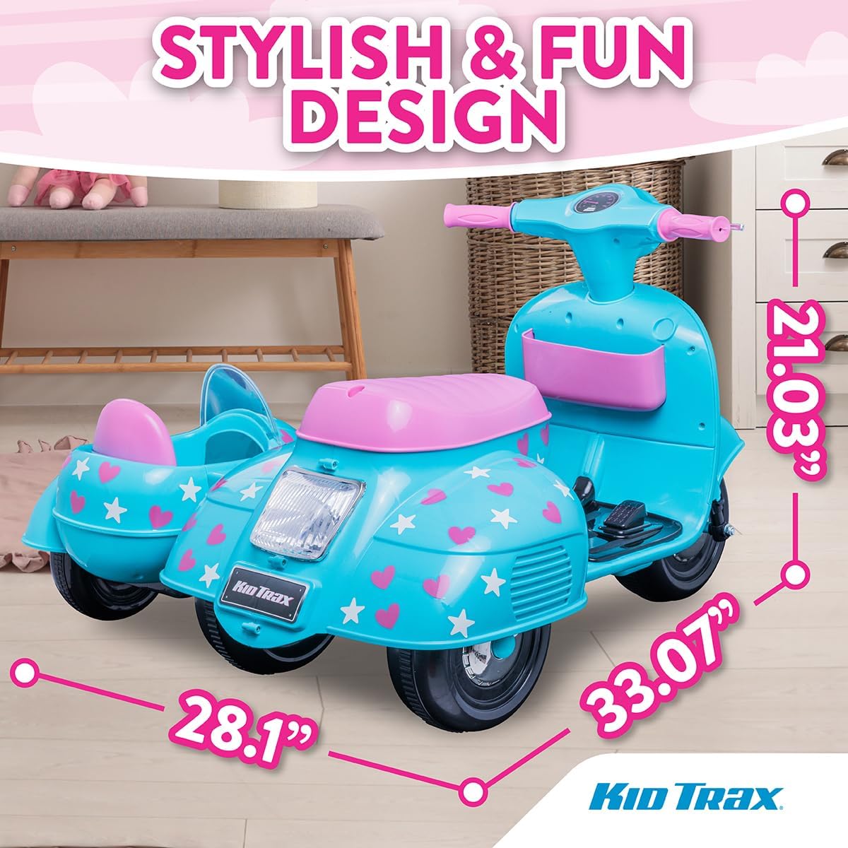 Kid Trax 6V Starlight Scooter with Sidecar for Kids, Ages 18-30 Months, Maximum Rider Weight: 44 lbs.