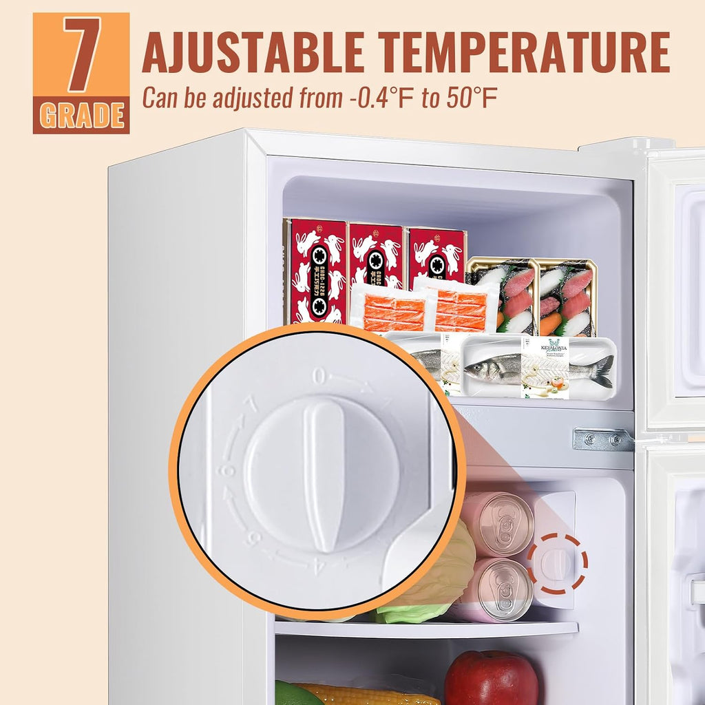 DEMULLER Small Refrigerator Mini Fridge with Double Doors & Separate Freezer & 7 Adjustable Temperature Control, Tiny Size & Personal Fridge Ideal for Office Apartment Dorm White