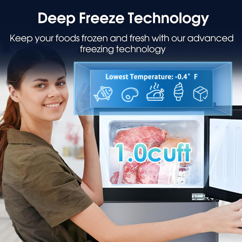 Anypro Fridge with Freezer, 2.9 Cu.Ft Double Door Refrigerator with 7-Level Temperature Control, LED Light, Adjustable Shelves for Bedroom, Office, Dorm, and Apartment, Blue Silver
