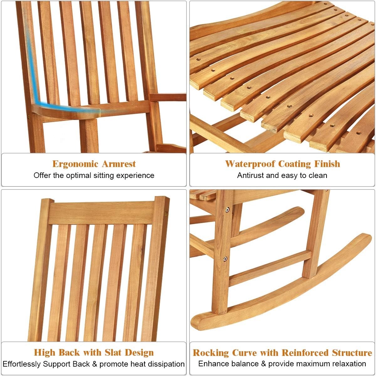 Giantex Rocking Chair Acacia Wood Frame, Porch Rocker Outdoor& Indoor for Garden, Lawn, Balcony, Backyard and Patio Porch Rocker (2, Natural)