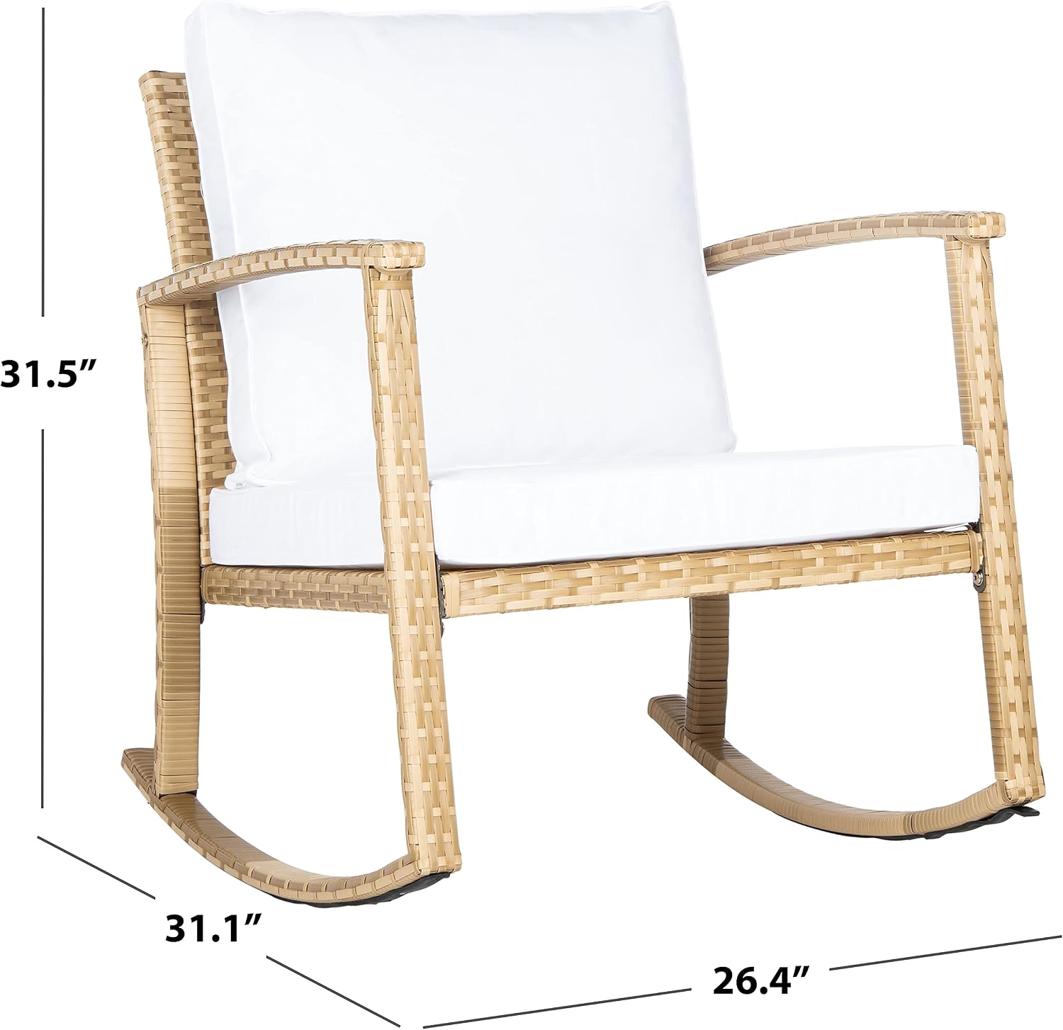 SAFAVIEH Outdoor - Daire Rocking Chair - Natural & White - Steel Frame Faux & Rattan with Cushion - Open-Frame Design - Ideal for Patio, Deck, Porch, Backyard, 14.4' Seat Height (PAT7721D)