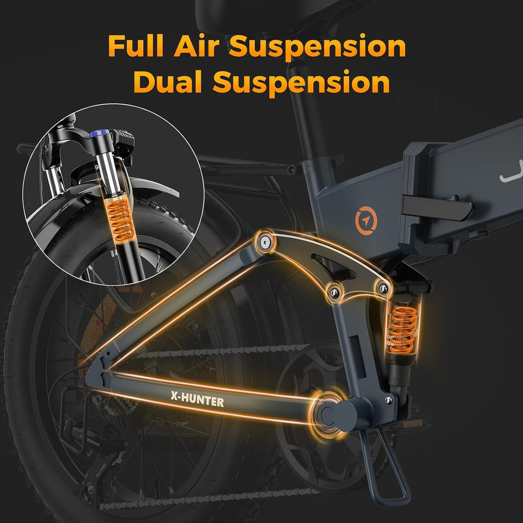 Jasion X-Hunter Electric Bike for Adults,1400W Peak Motor 30MPH Max Speed,48V 13AH Removable Battery Full Suspension 20 * 4.0 Fat Tire Foldable Ebike, 7-Speed Bicycles,with Saddle Bag and Lock