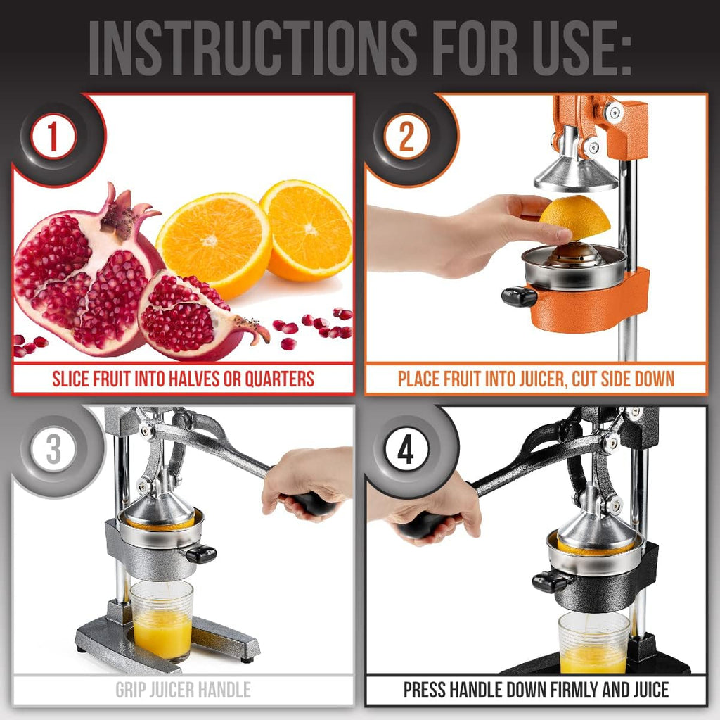 Eurolux Ultra-Premium Cast Iron Juicer | Extra-Large, Heavy Duty, Commercial Grade, Stainless Steel Manual Hand Press Citrus Squeezer For Fresh Orange Juice, Pomegranate, Lemon, and Much More (Orange)