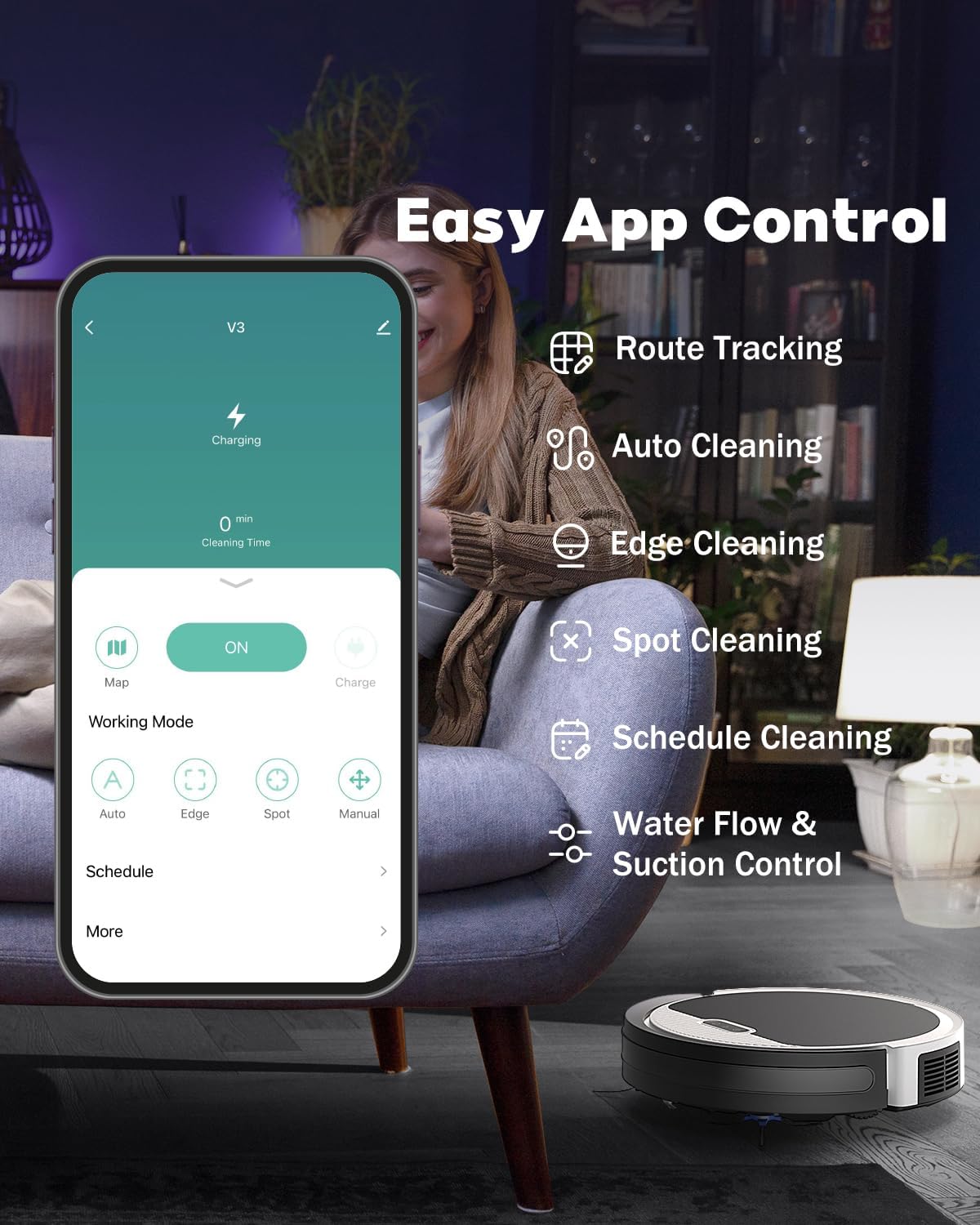 V3 2 in 1 Robot Vacuum and Mop Combo，5000Pa Suction, Works with 2.4G WiFi/Alexa/App/Remote Control, Schedule Cleaning, Automatic Self-Charging, Ideal for Pet Hair, Hard Floor and Carpet