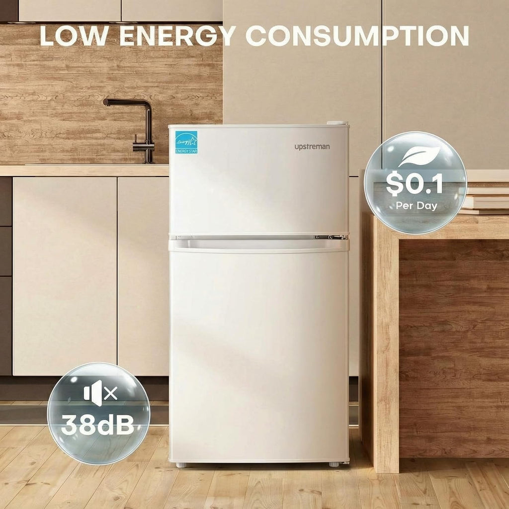 Upstreman 3.1 Cu.Ft Mini Fridge with Freezer, Double Door Small Fridge, Dorm Essentials, Adjustable Thermostat, Energy Saving, Mini Refrigerator for Office, Dorm, Bedroom, White