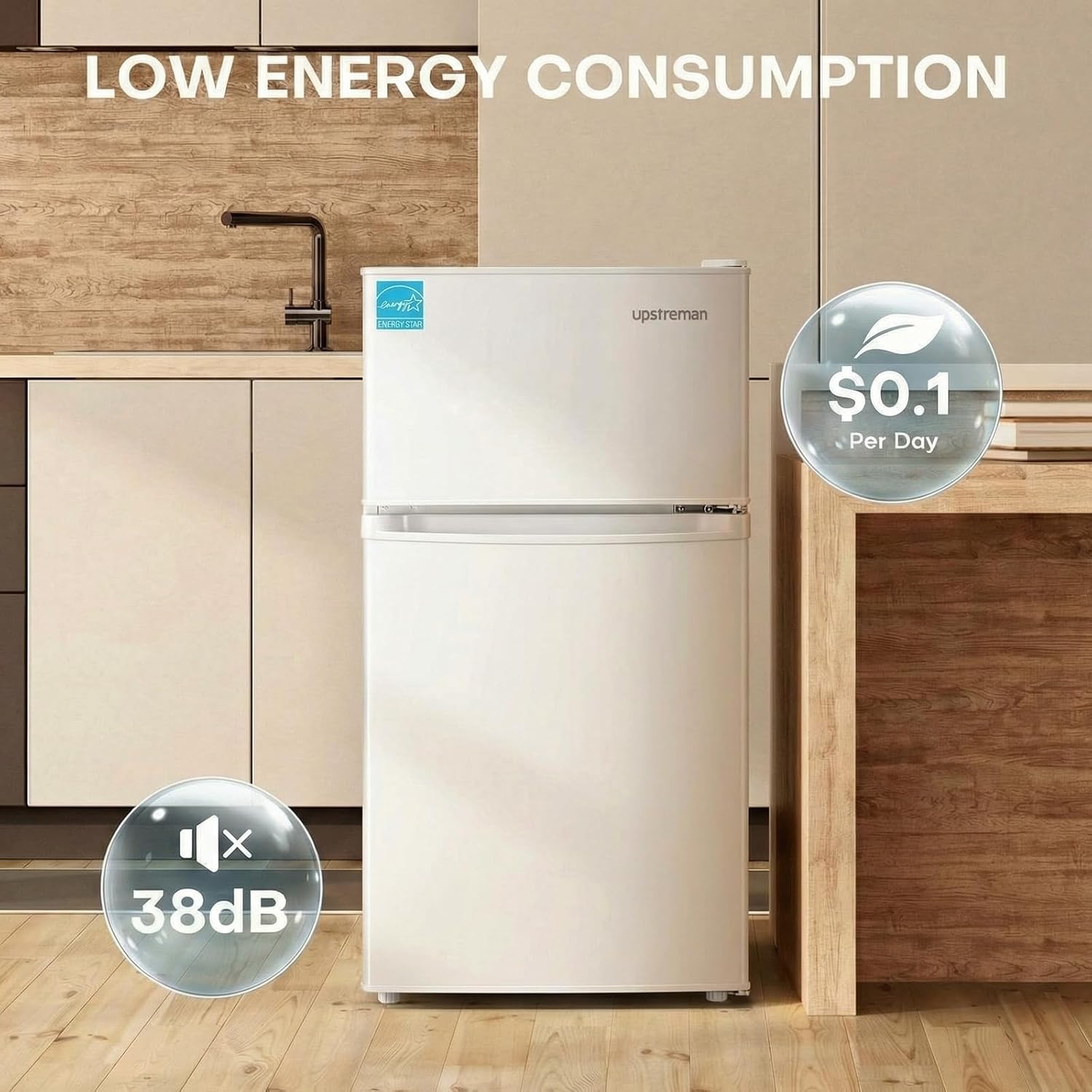Upstreman 3.1 Cu.Ft Mini Fridge with Freezer, Double Door Small Fridge, Dorm Essentials, Adjustable Thermostat, Energy Saving, Mini Refrigerator for Office, Dorm, Bedroom, White