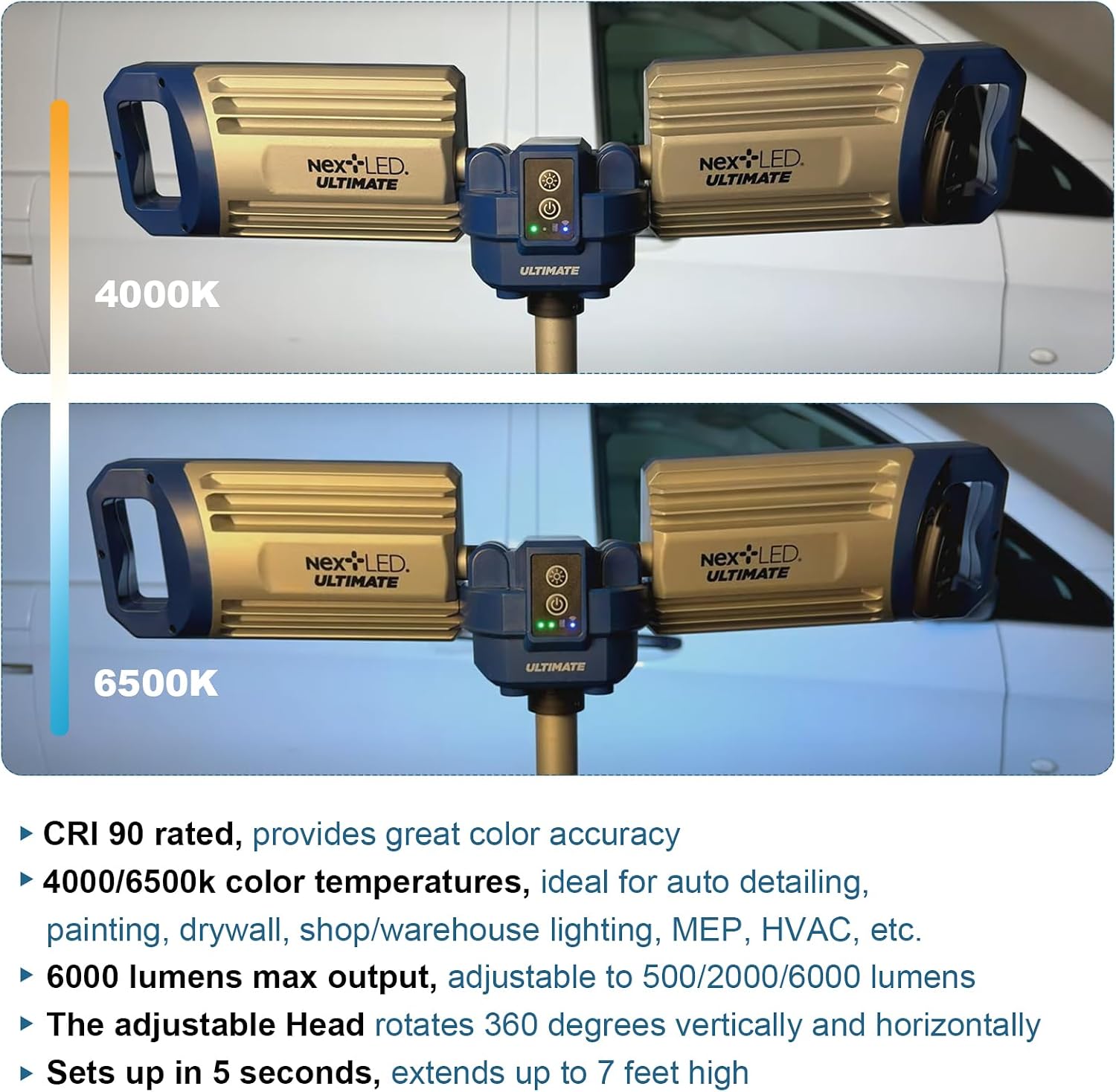 NextLED Ultimate NT-6926M Heavy Duty Tripod Work Light with Detachable Magnetic Lamp Head, 6000 Lumen, 6500/4500K Color Temperature, 8000 mAh Built-in Battery, CRI 90+, AC/DC Compitable