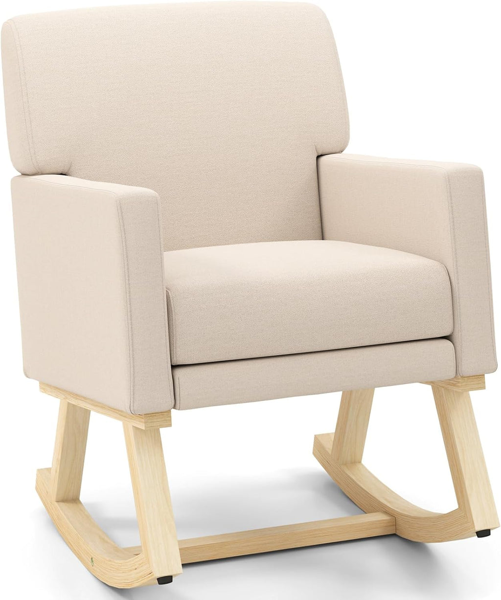 Giantex Upholstered Rocking Chair, Nursery Rocking Chair w/Widened Back, Machine-Washable Seat Cushion Cover, Solid Rubber Wood Frame, Glider Rocker Accent Chair for Living Room, Bedroom, Beige