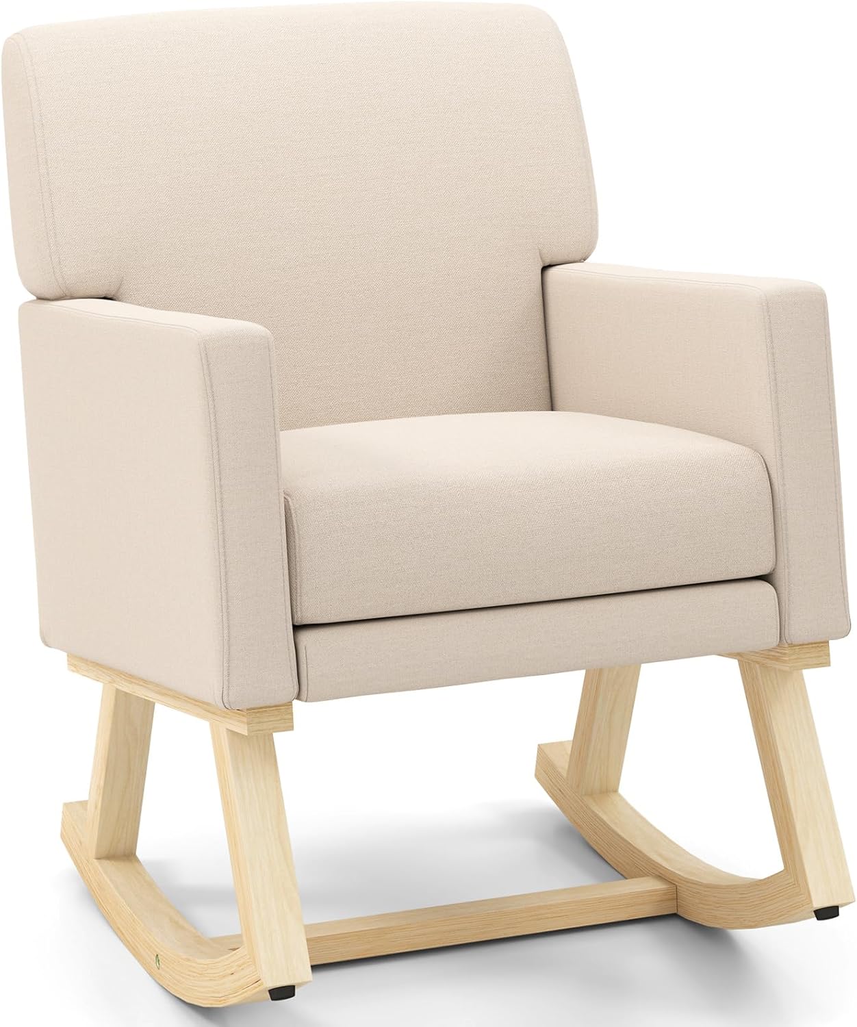 Giantex Upholstered Rocking Chair, Nursery Rocking Chair w/Widened Back, Machine-Washable Seat Cushion Cover, Solid Rubber Wood Frame, Glider Rocker Accent Chair for Living Room, Bedroom, Beige