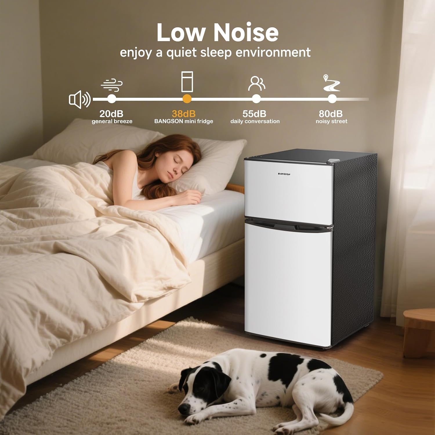 BANGSON 3.2 CU.FT Mini Fridge with Freezer Bedroom, 2 Door Office Small Refrigerator, Quiet Compact Fridge for Home, Dorm, Apartment, Garage, RV, Adjustable Thermostat, Low Noise, Black, Silver