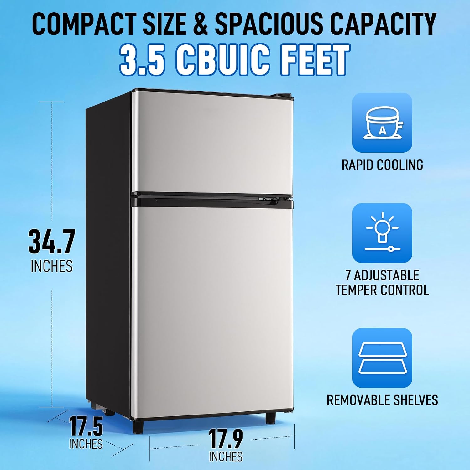 WANAI Mini Fridge with Freezer, 3.5 cubic feet 2- Doors Small Refrigerator Features 7 Gear Mechanical Control, Side Bottle Rack, Ideal for Dorm, Kitchen, Apartment, Office, Silver