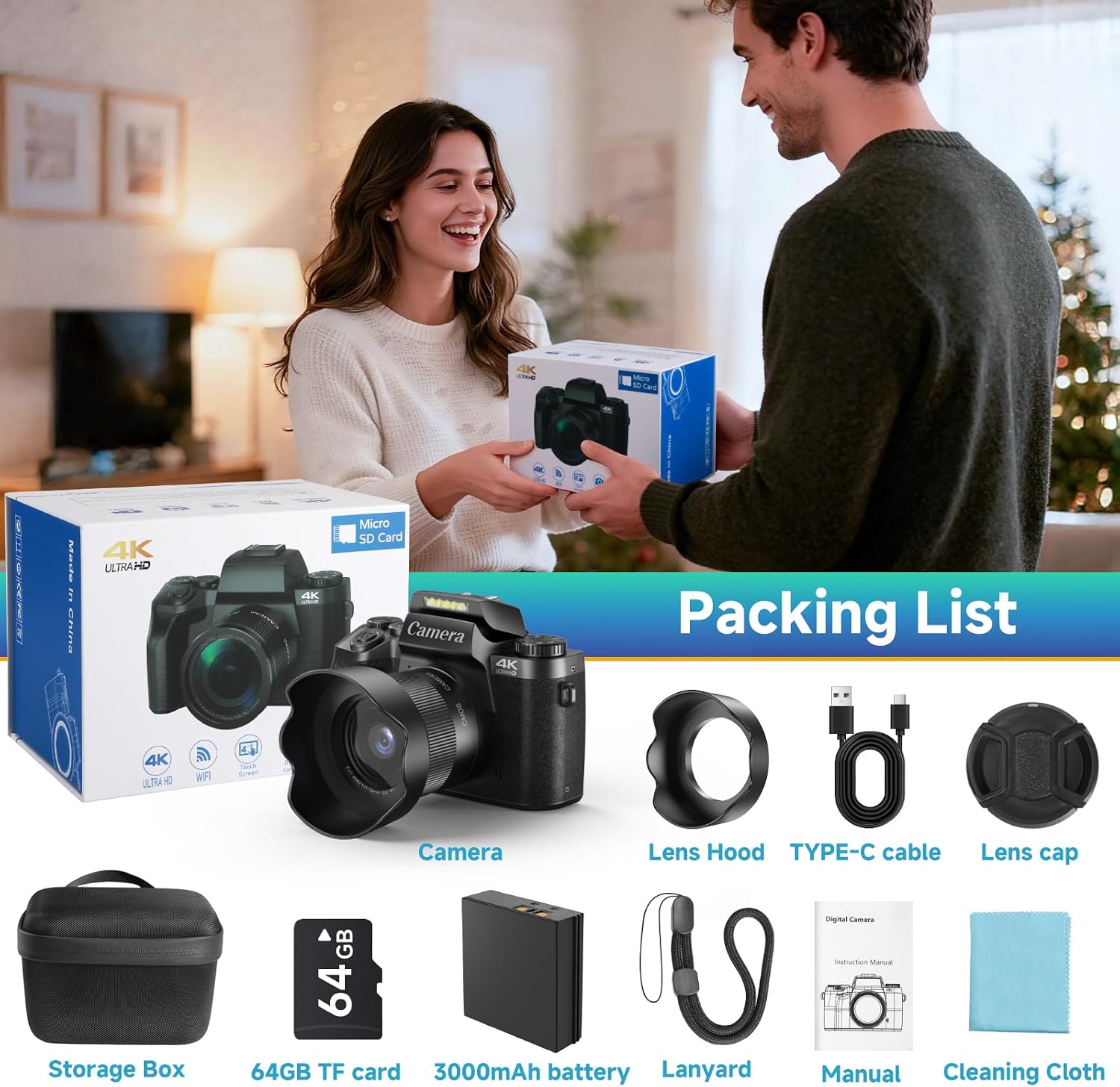 4K Digital Camera for Photography, 64MP Dual Lens Vlogging Camera with 4.0' Touchscreen, Point and Shoot Camera for Beginners Teens, WiFi Digital Camera with 16X Digital Zoom & 64GB SD Card
