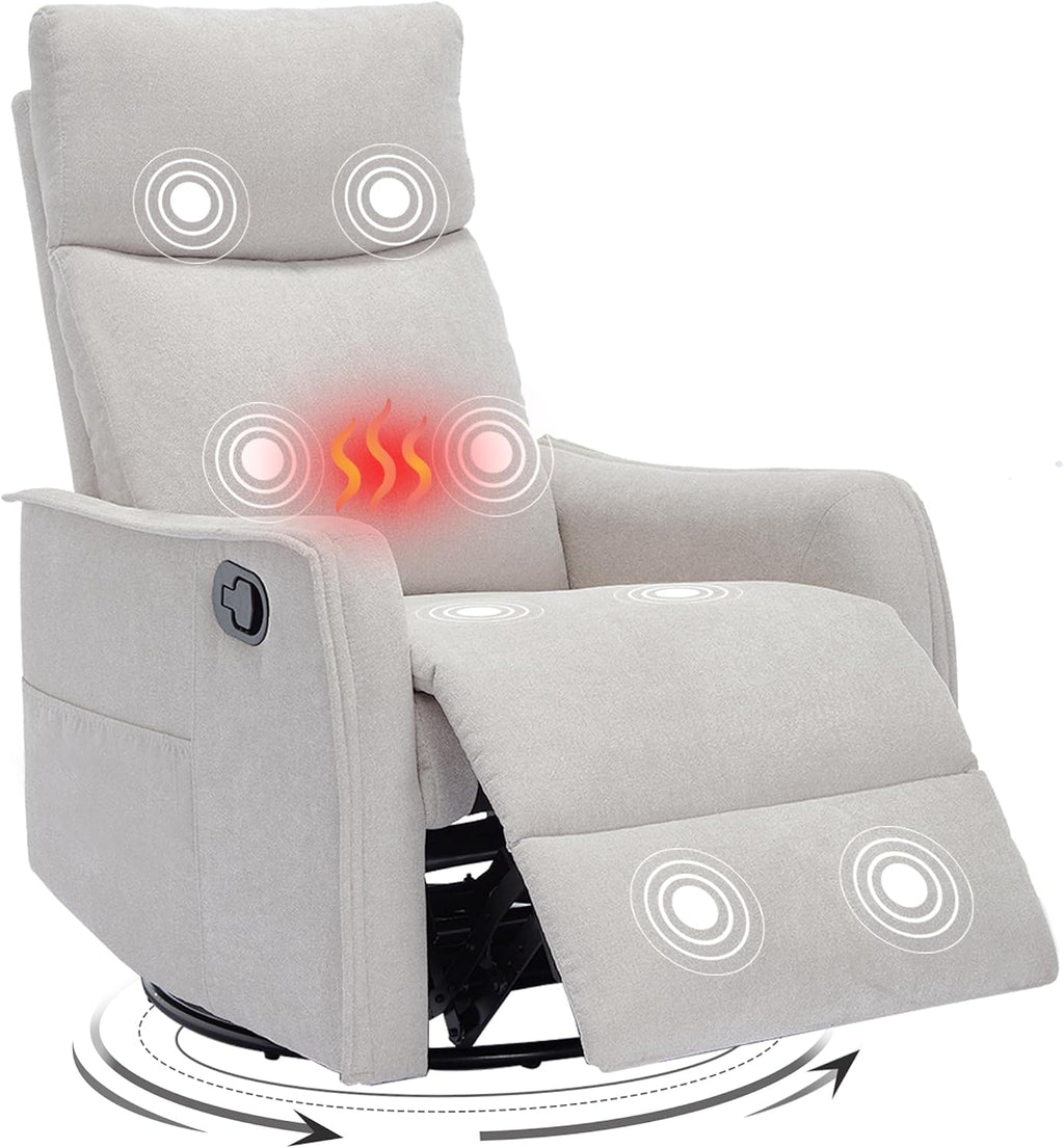 Trustyue Swivel Rocker Recliner Chair, 360° Swivel Recliner with Heat and Massage, Rocker Recliner Nursery Glider Chair with Side Pockets for Living Room (Beige, Fabric)