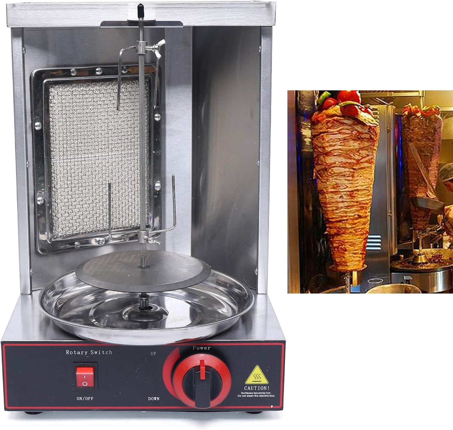 Shawarma Grill Machine Countertop Vertical Rotating Rotisserie Shawarma Machine 110V Doner Kebab Machine Meat Grill Broiler Shawarma Gyro Grilling with Meat Catch Pan for Family Restaurants Gatherings