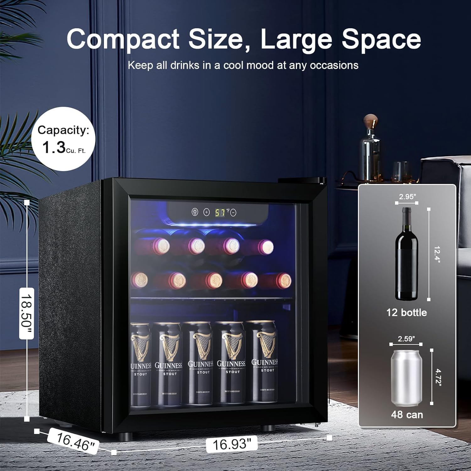 Antarctic Star 12 Bottle/48 Can Wine Cooler/Cabinet, Mini Drink Fridge, Clear Front Glass Door Counter Top Red Cellar Beer Soda Bar Quiet Compressor LED Display 1.3 cu.ft. Black