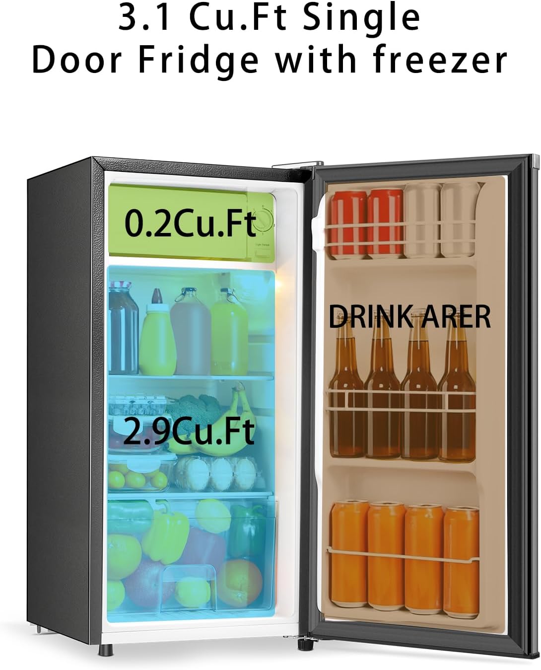 Seaoola Mini Fridge with Freezer, Single Door 3.1 Cu.Ft, Compact Mini Refrigerator, LED Light, Adjustable Thermostat, Removable Glass Shelves, Small Refrigerator for Dorm/Office/Bedroom(Sliver)