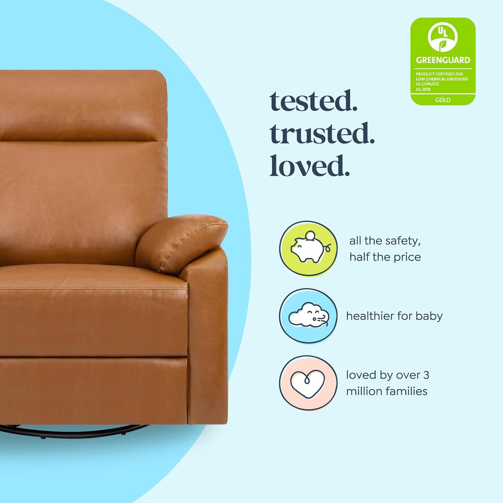 Davinci Suzy Glider Recliner Nursery Chair - Glider Rocking Chair for Nursery and Living Room - GREENGUARD Gold, FSC & Certi-PUR US Certified - 360° Swivel Rocker Recliner Chair (Vegan Tan Leather)