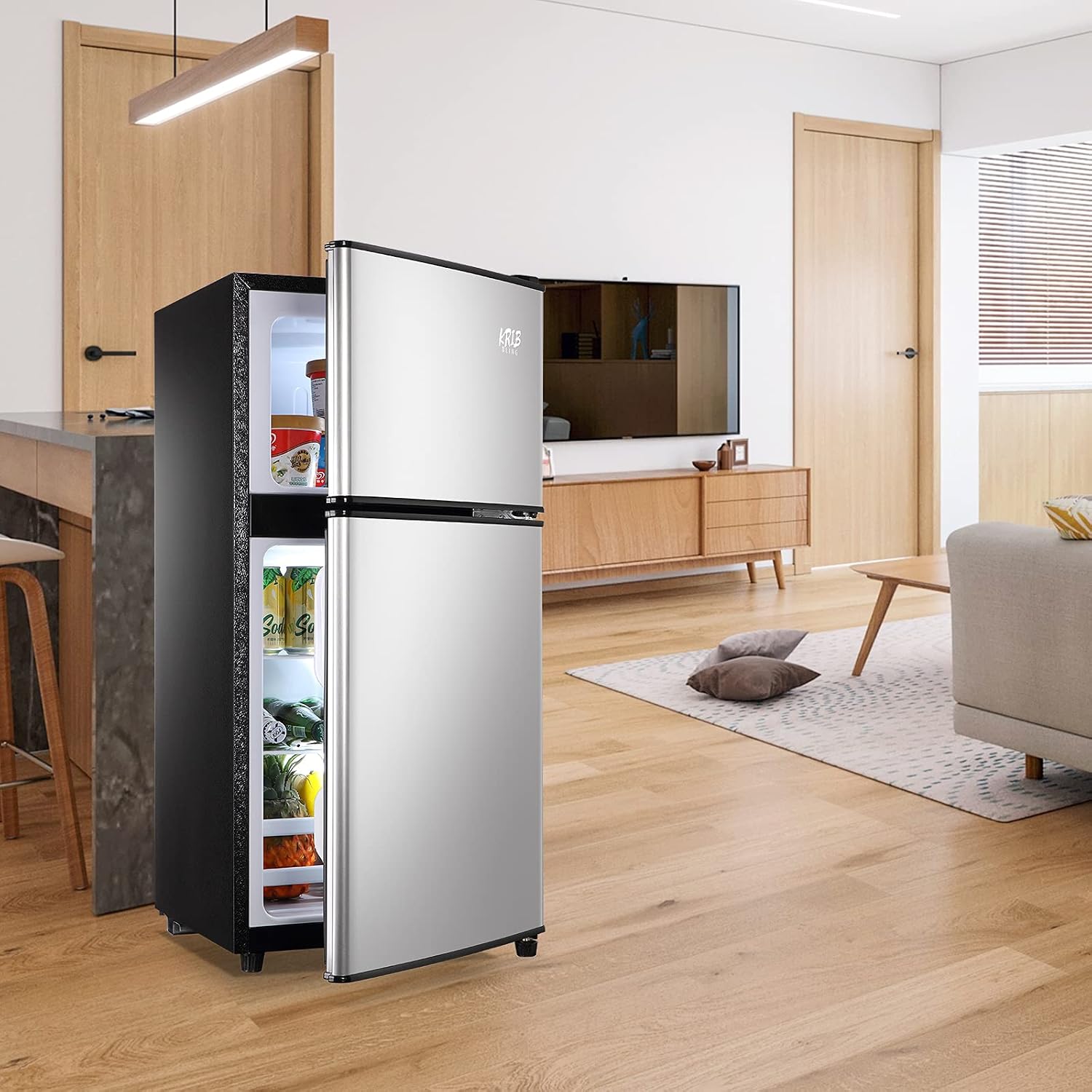 KRIB BLING 3.5 Cu.Ft Refrigerator with Freezer, 2 Doors Fridge with Adjustable Thermostat Control, Refrigerator for Kitchen, Dorm, Apartment, Garage, Office, Silver