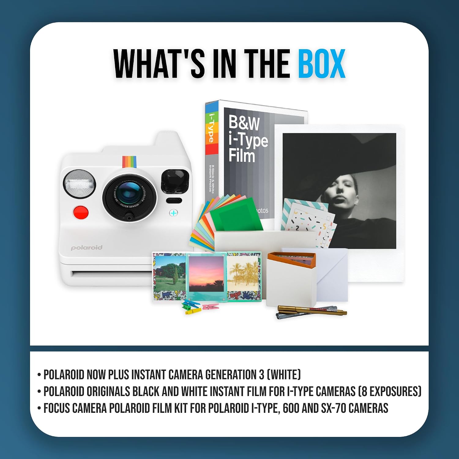 Polaroid Now Plus Generation 3 Instant Camera with Two-Lens Autofocus System and Manual Mode (White) Bundle with Film Kit and B&W Film for i-Type Cameras (3 Items)