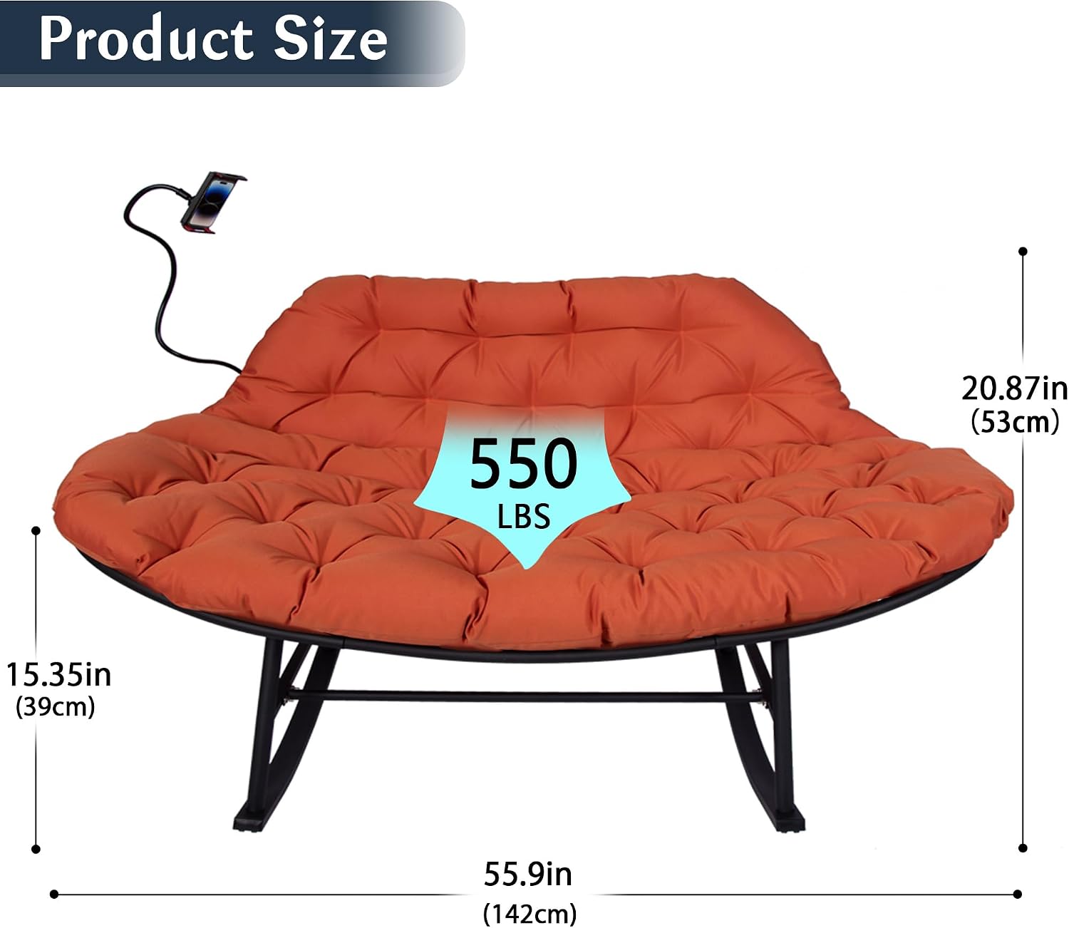YOXIFOC Double Rocking Chair, Indoor and Outdoor Dual Lounge Chair, with Extra Thick and Large Cushion, Suitable for Living Room/Patio/Garden (Orange)