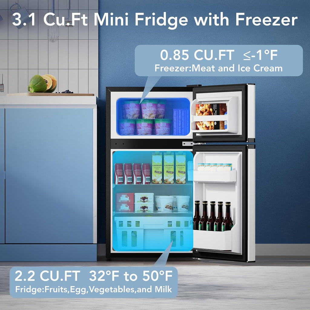 Electactic 3.1 Cu.Ft Mini Fridge with Freezer, 2 Door Compact Refrigerator, Mini Fridge with Adjustable Removable Glass Shelves for Bedroom, Office, Dorm or Apartment, Stainless Steel