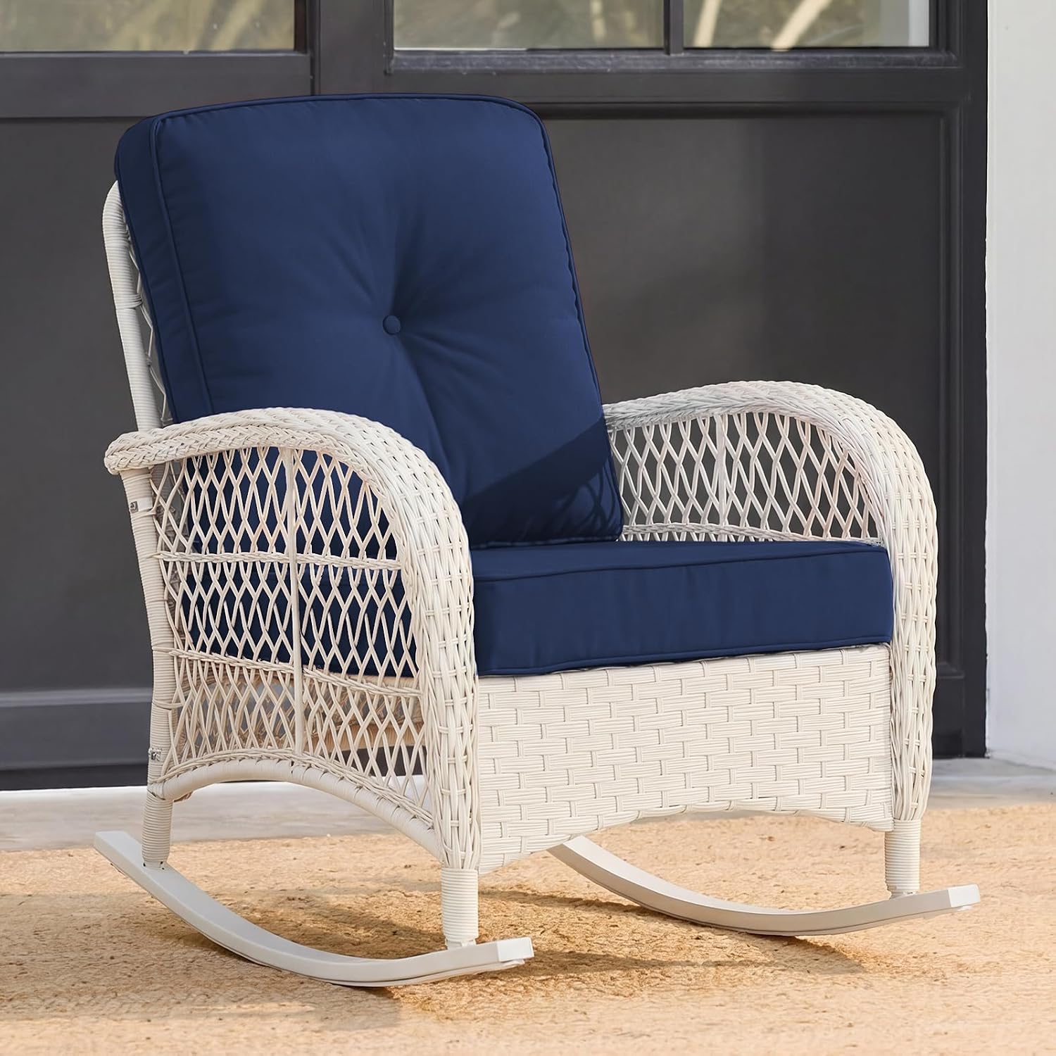 VIVIJASON Outdoor Wicker Rocking Chair, Patio Rattan Rocker Chair with Cushions & Steel Frame, All-Weather Rocking Lawn Furniture for Garden Backyard Porch, Cream White/Navy Blue