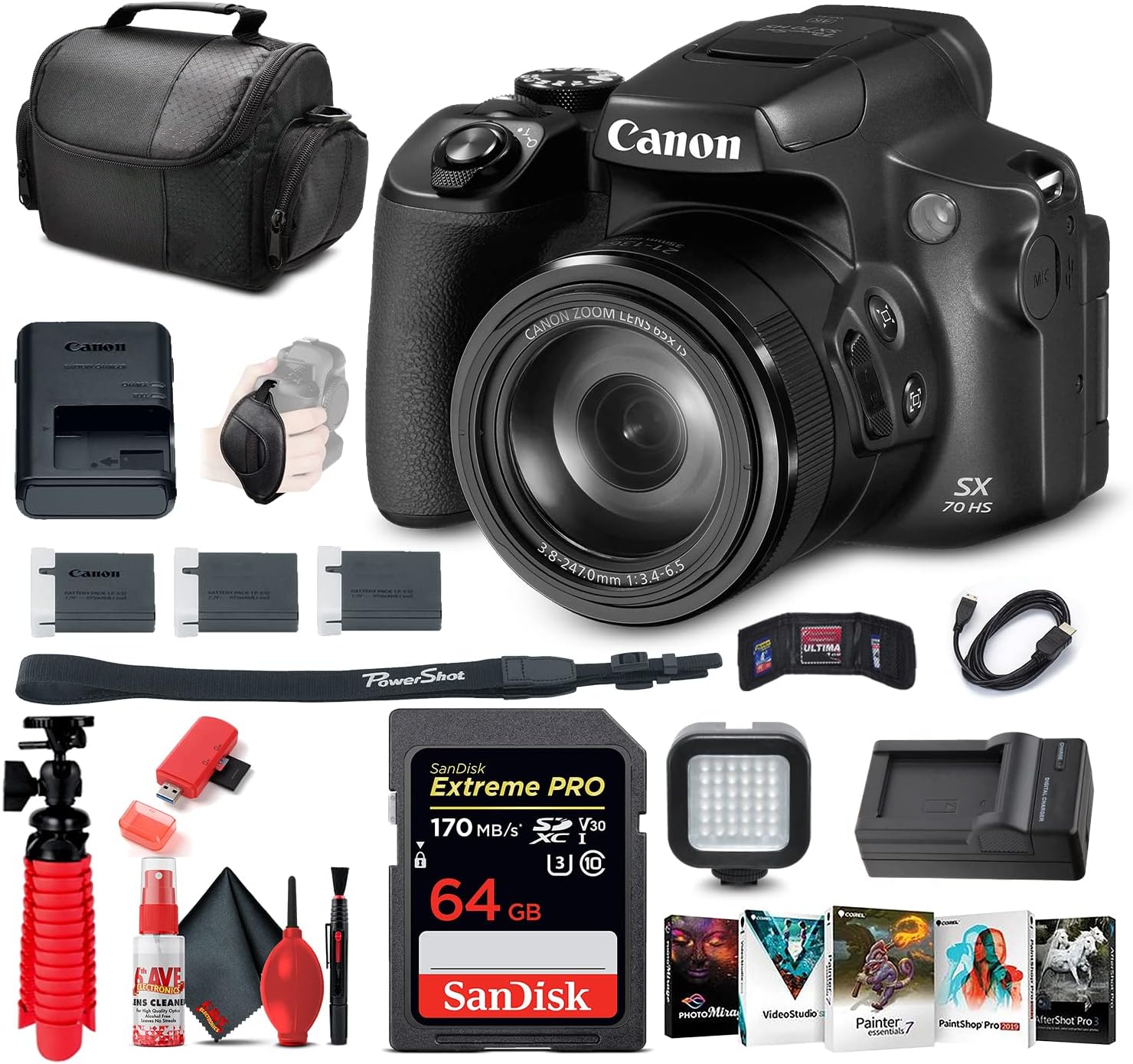 Canon PowerShot SX70 HS Digital Camera (3071C001) + 64GB Card + Corel Photo Software + 2 x LPE12 Battery + External Charger + Card Reader + LED Light + HDMI Cable + Deluxe Soft Bag + More