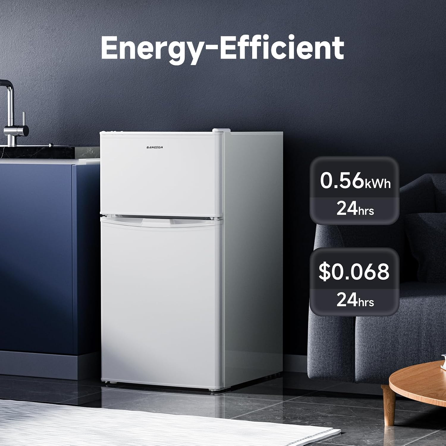 BANGSON 3.2 CU.FT Mini Fridge with Freezer Bedroom, 2 Door Office Small Refrigerator, Quiet Compact Fridge for Home, Dorm, Apartment, Garage, RV, Adjustable Thermostat, Low Noise, Black, White