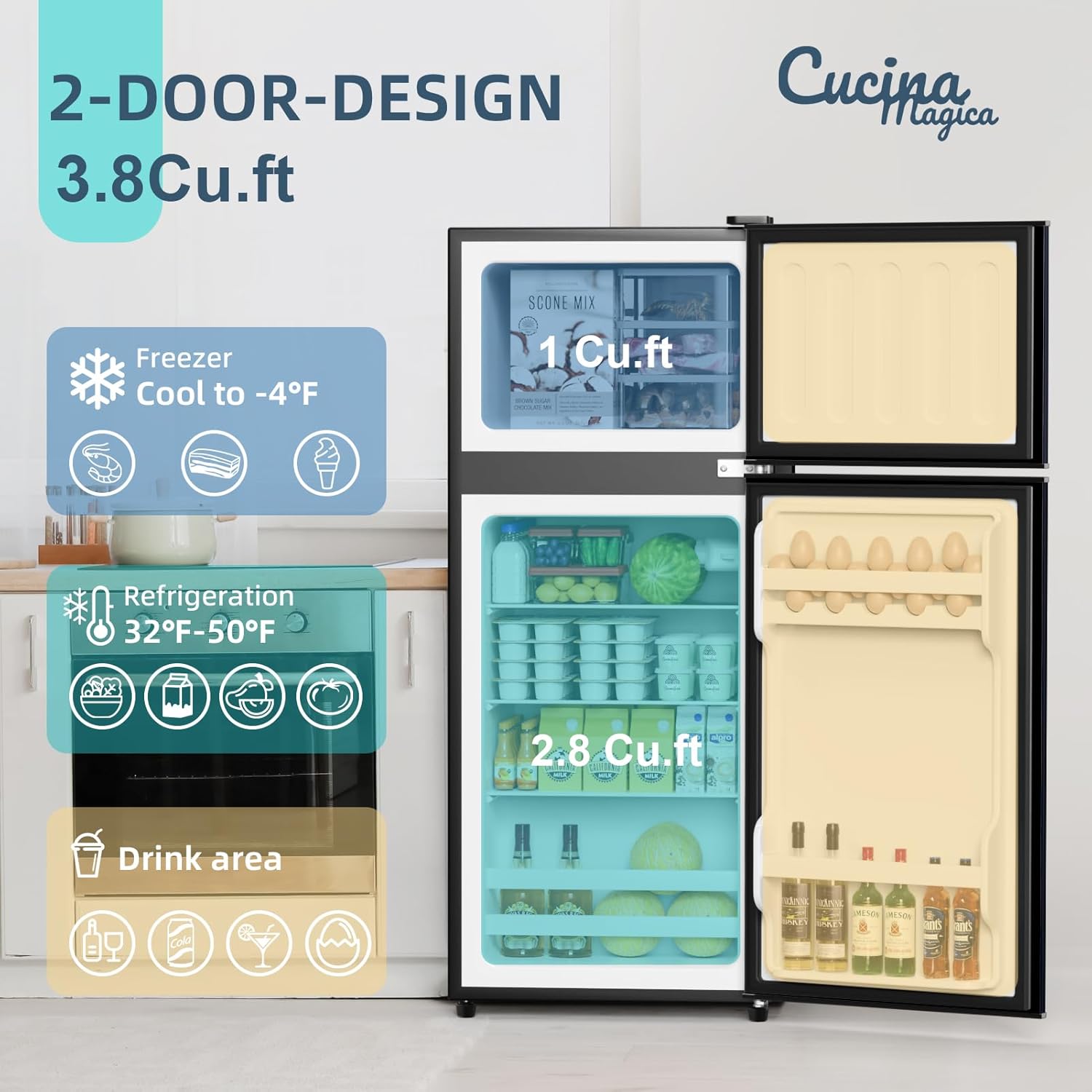 Cucina Magica 3.8 Cu Ft Mini Fridge for Bedroom, 2 Door Small Fridge, 7 Level Thermostat, LED Light, Small Refrigerator for Bedroom, Office, Dorm