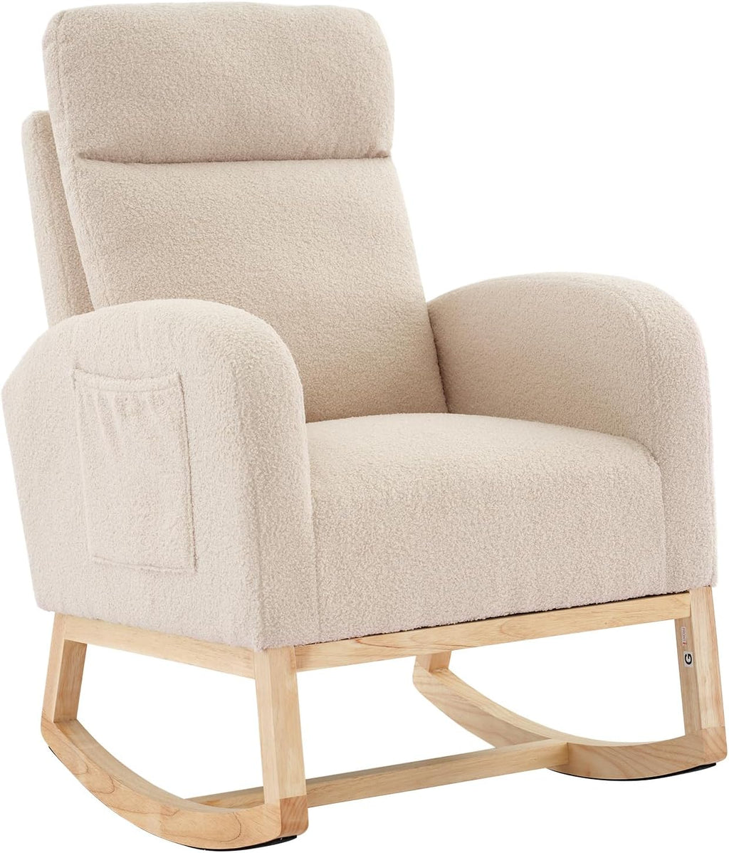 GAOMON Rocking Chair Glider for Nursery, Comfy Rocker Nursery with Side Pocket & High Backrest, Baby Rocking Chair for Breastfeeding, Upholstered Rocker & Living Room, Beige