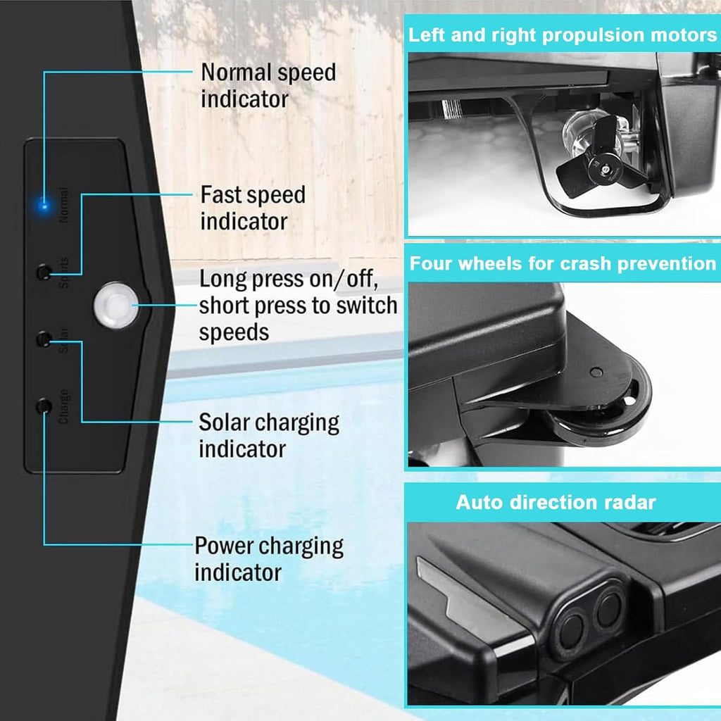 Solar Pool Skimmer Robotic|Dual Charging Options,2500mah-Up to 24 Hour Runtime,Automatic Pool Skimmer Cleaner-IPX 7,for Any Pool Shape