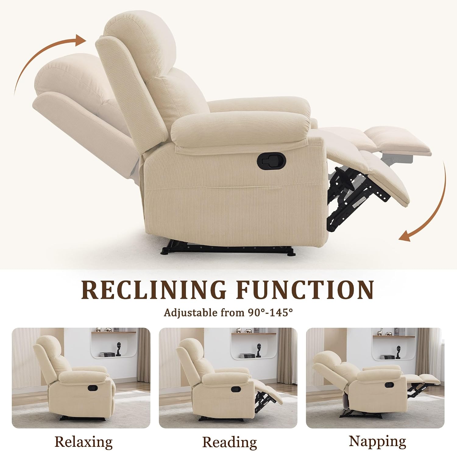 Korser Recliner Chair, Manual Recliner for Adults with Side Pocket, Small Recliners for Small Spaces, Adjustable Comfy Overstuffed Corduroy Reclining Chairs for Living Room, Reading, Bedroom, Beige