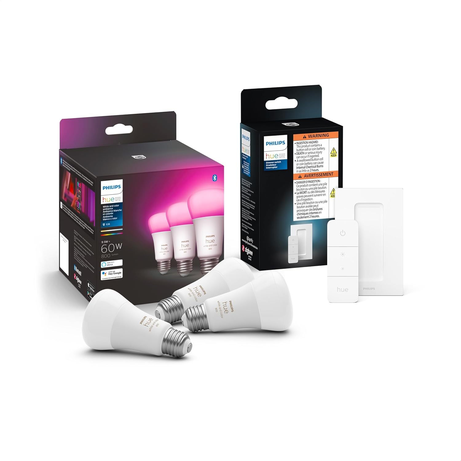 Philips Hue Smart Dimmer Switch with Remote + Philips Hue White and Color Ambiance A19 60W Smart Bulbs