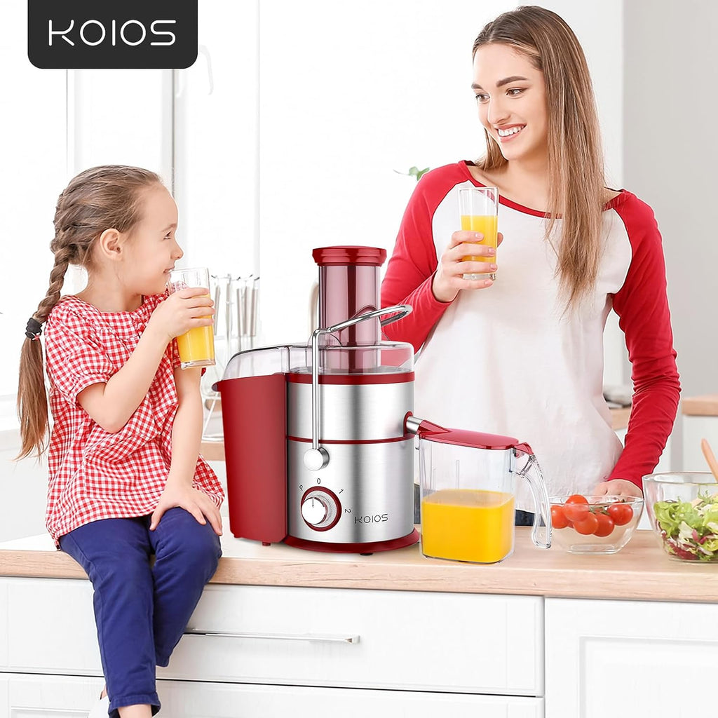 KOIOS 1300W Centrifugal Juicer Machine, Juice Extractor with Extra Large 3 Inch Feed Chute, Full Copper Motor, Titanium-Plated Filter, High Juice Yield, 3 Speeds Mode, Brush Included, Non-BPA, Red